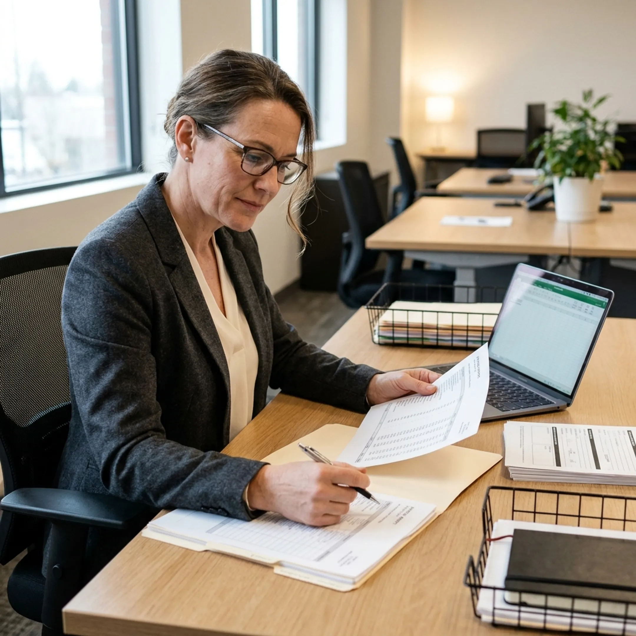 Payroll professional organizing employee records and reviewing payroll reports