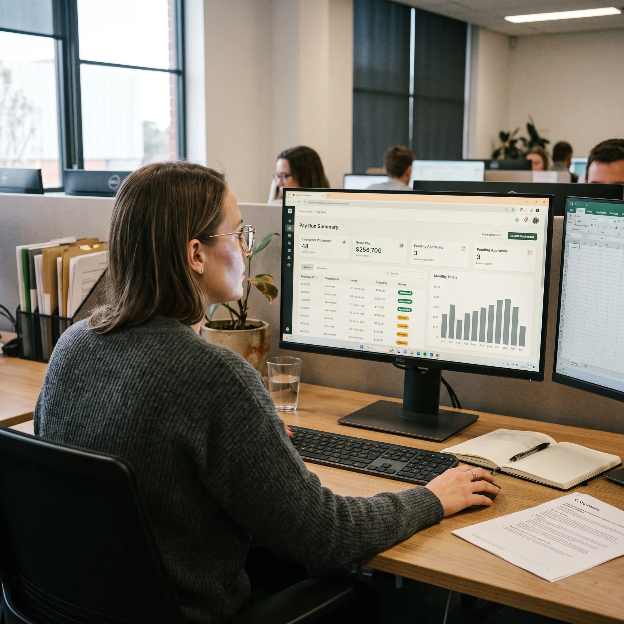Payroll specialist reviewing employee records and payroll data at a modern office workstation