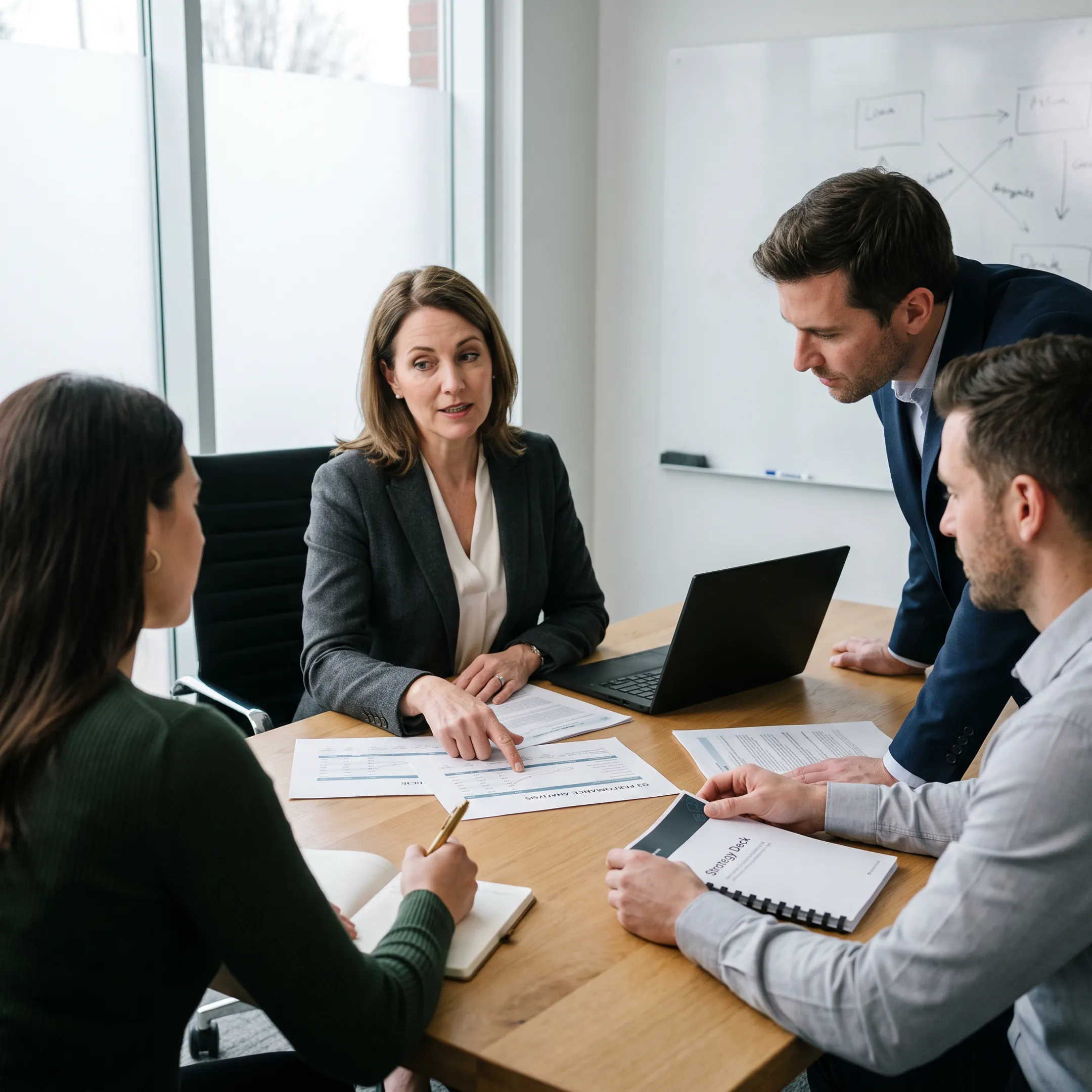 Finance leader reviewing business reports with an executive team