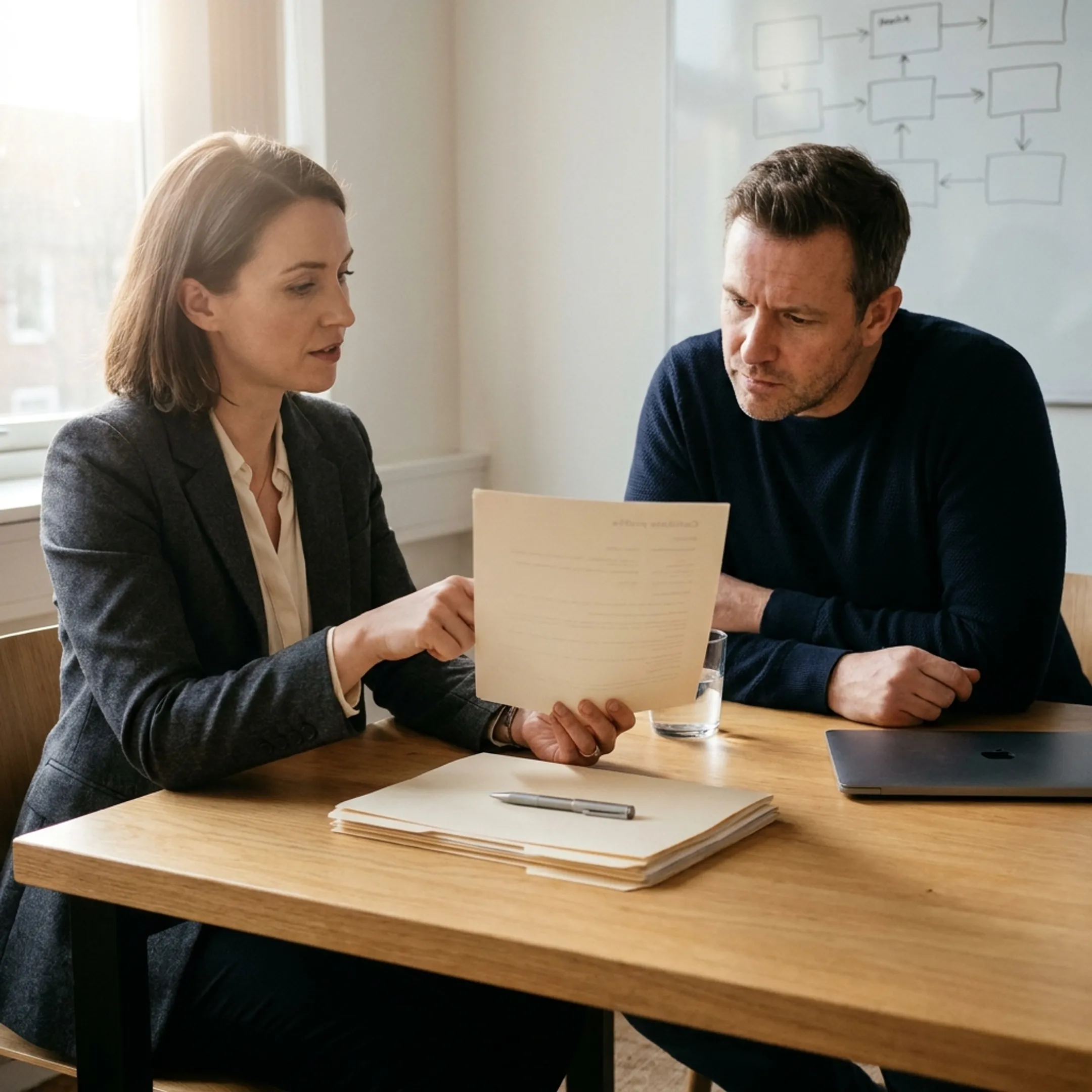 Staffing consultant presenting qualified candidates to a hiring manager