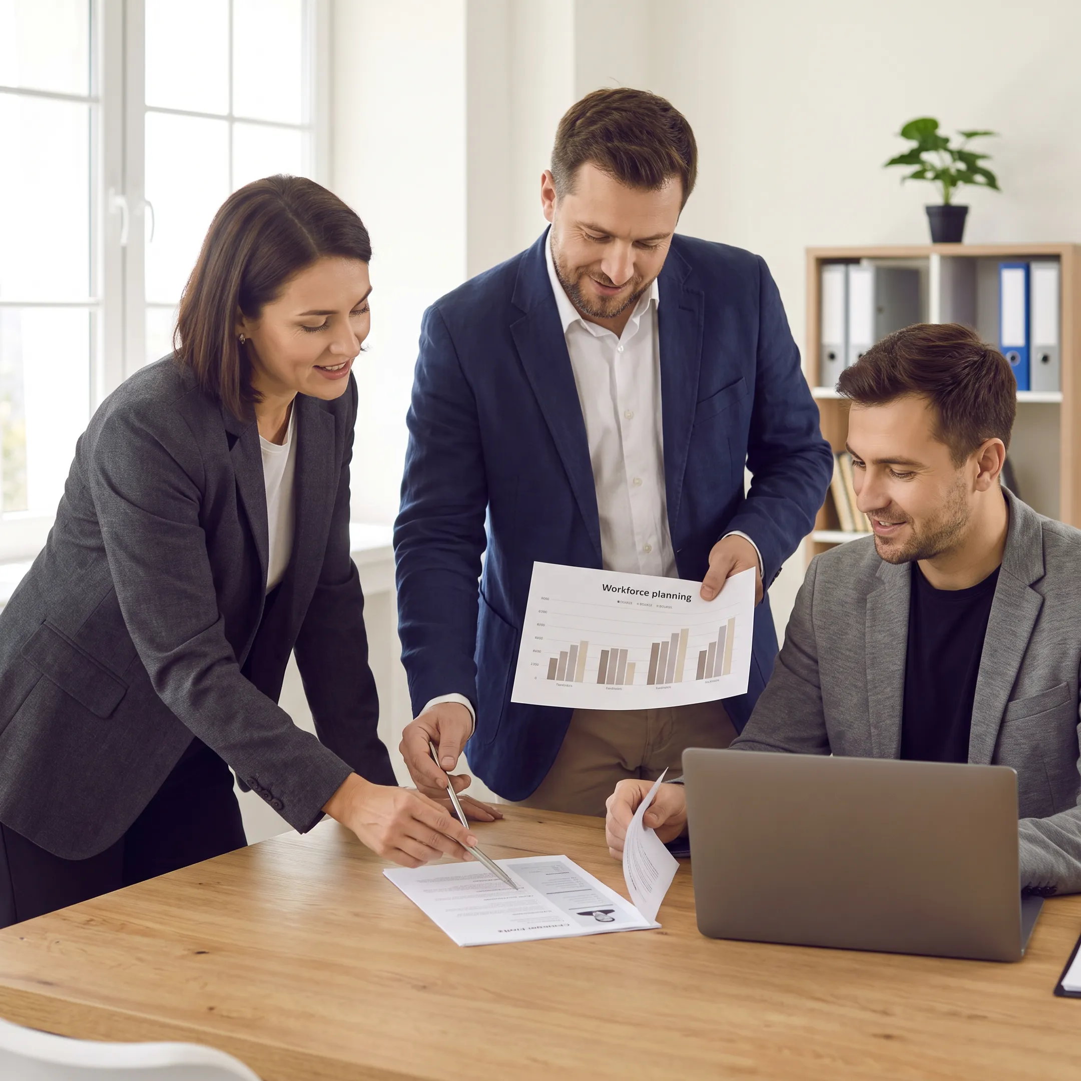 Recruitment team discussing staffing solutions with business leaders in a modern office