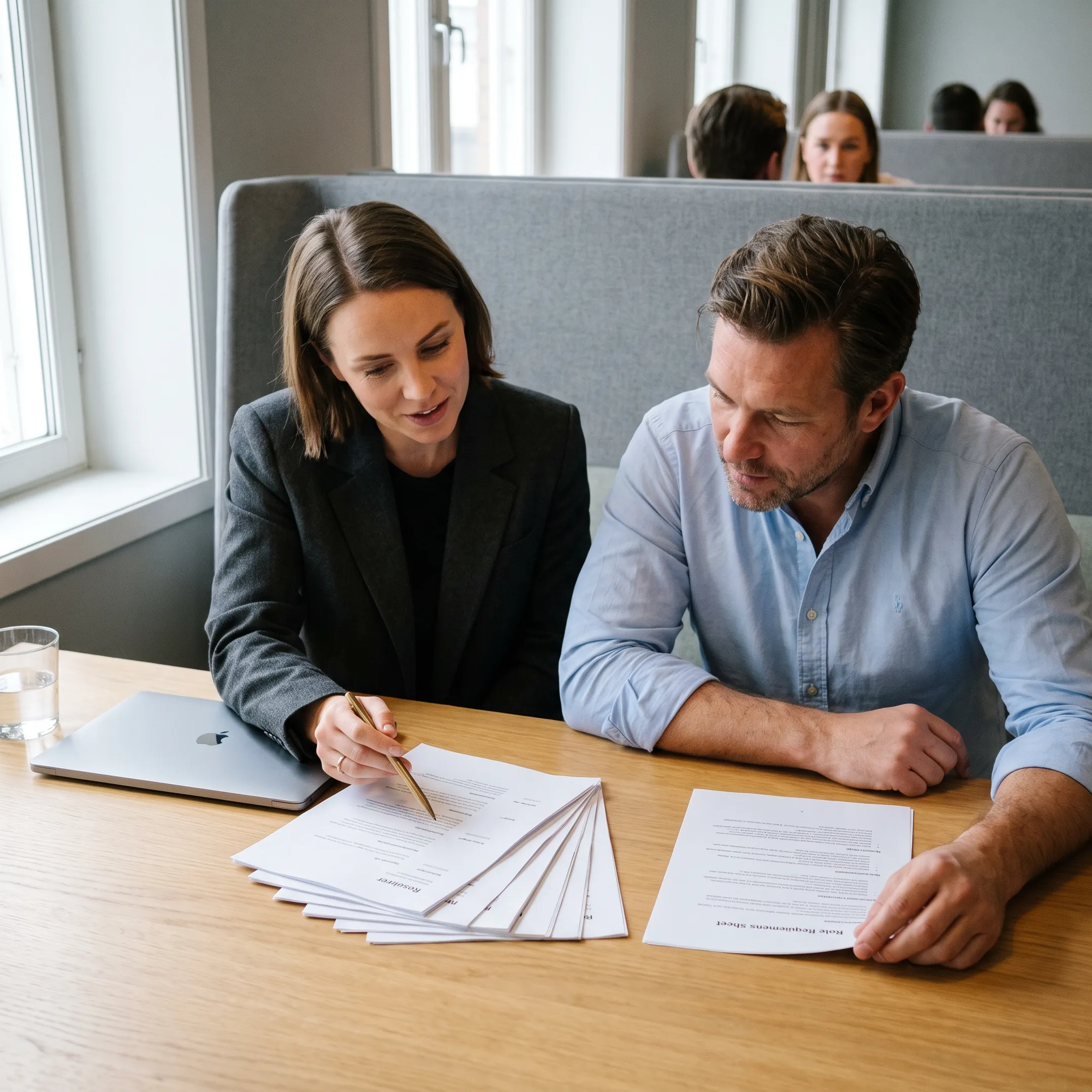 Recruiter discussing a candidate shortlist with a hiring manager