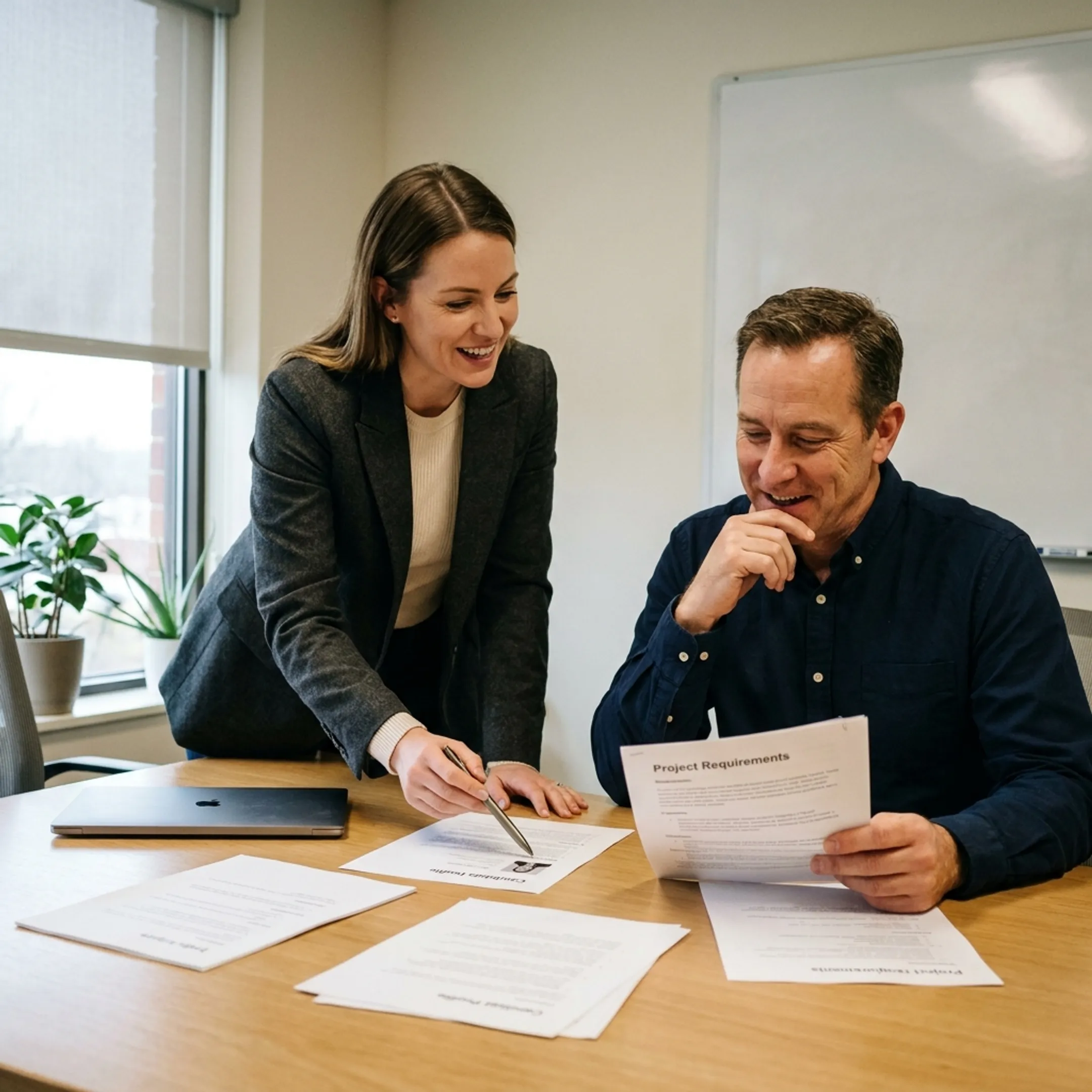Technology recruiter discussing CRM developer staffing with a client