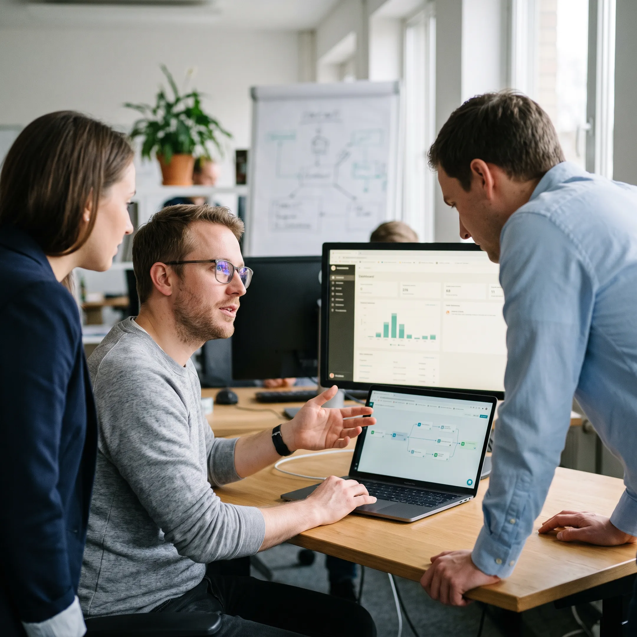 Freelance CRM developer collaborating with a business team on a software project