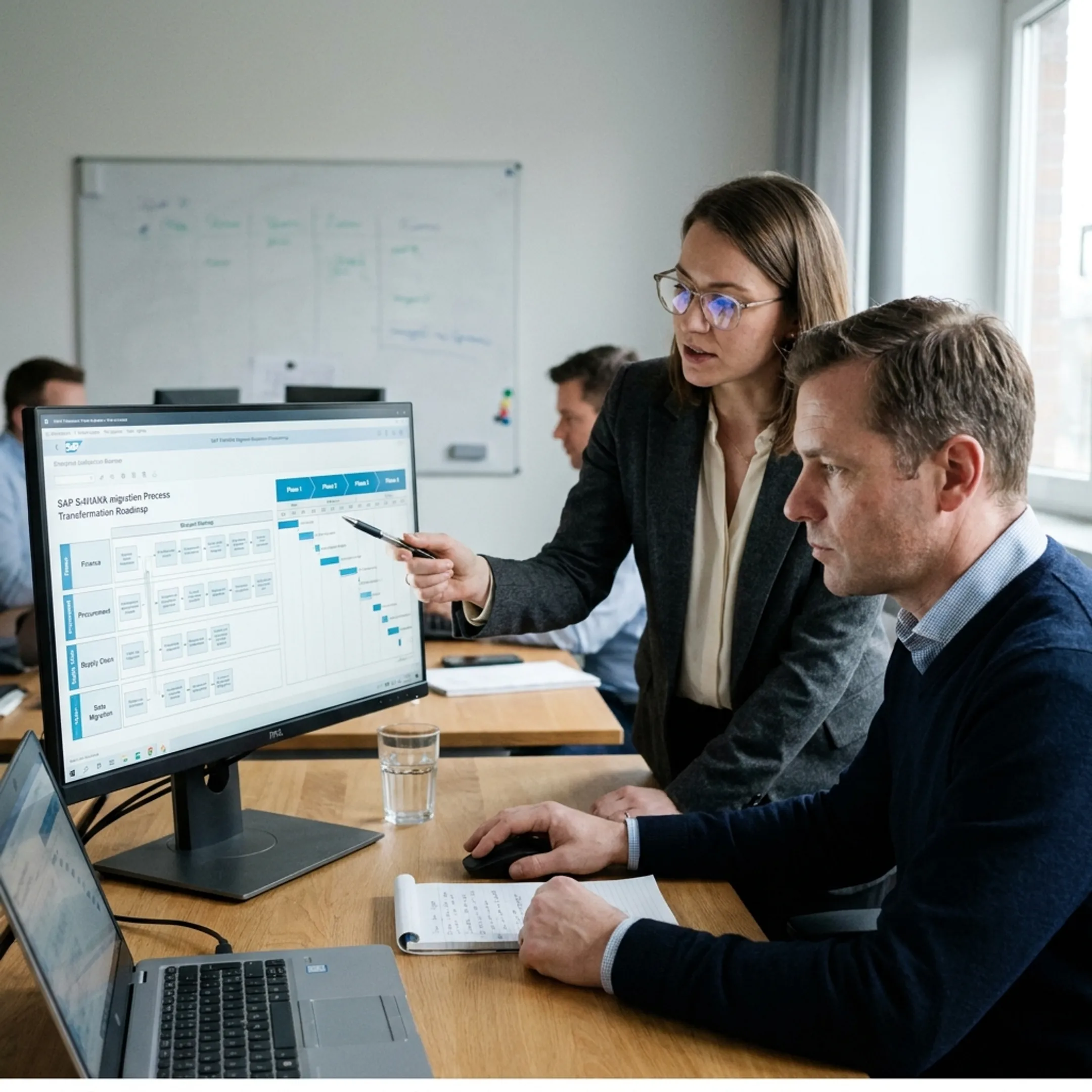 Consultants planning an SAP S/4HANA transformation roadmap