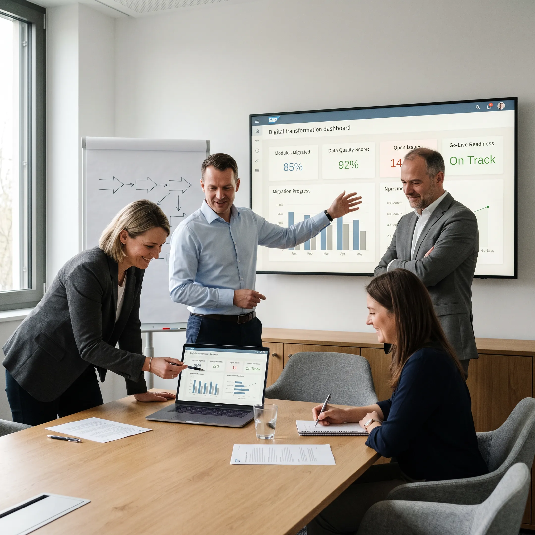 SAP S/4HANA consulting team reviewing enterprise transformation dashboards