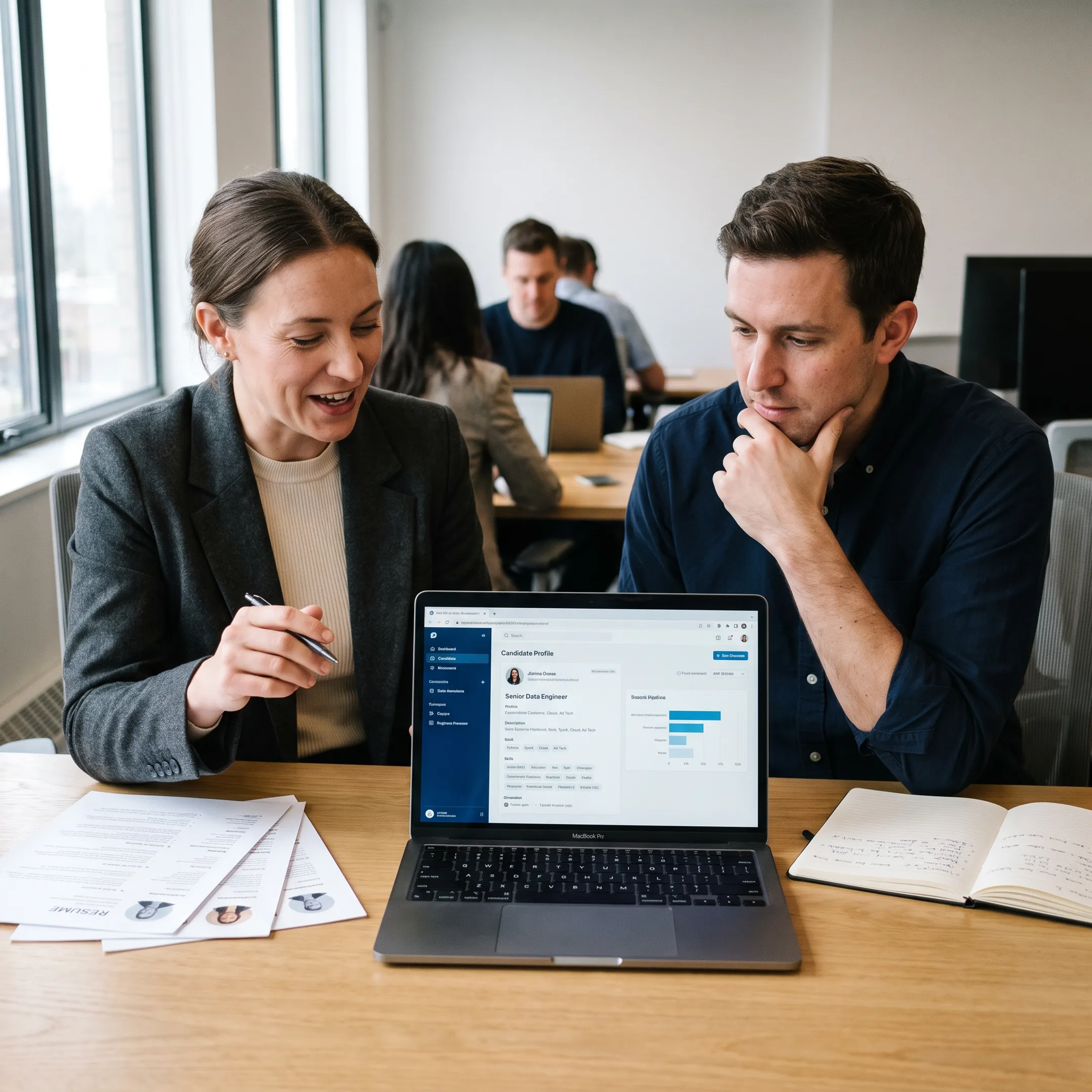 Recruitment team reviewing ad tech candidate profiles in a modern office