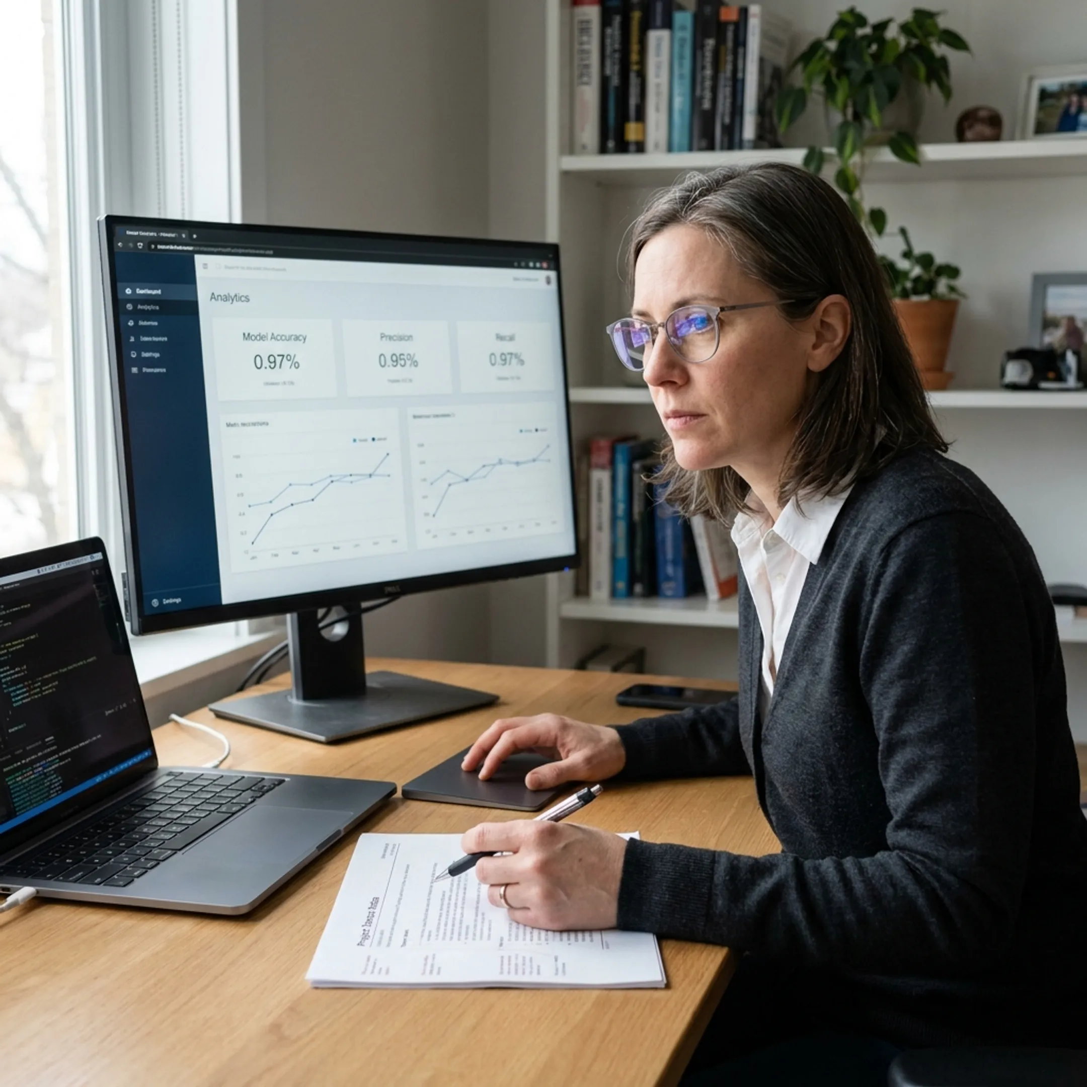Data scientist reviewing predictive analytics results on a large monitor
