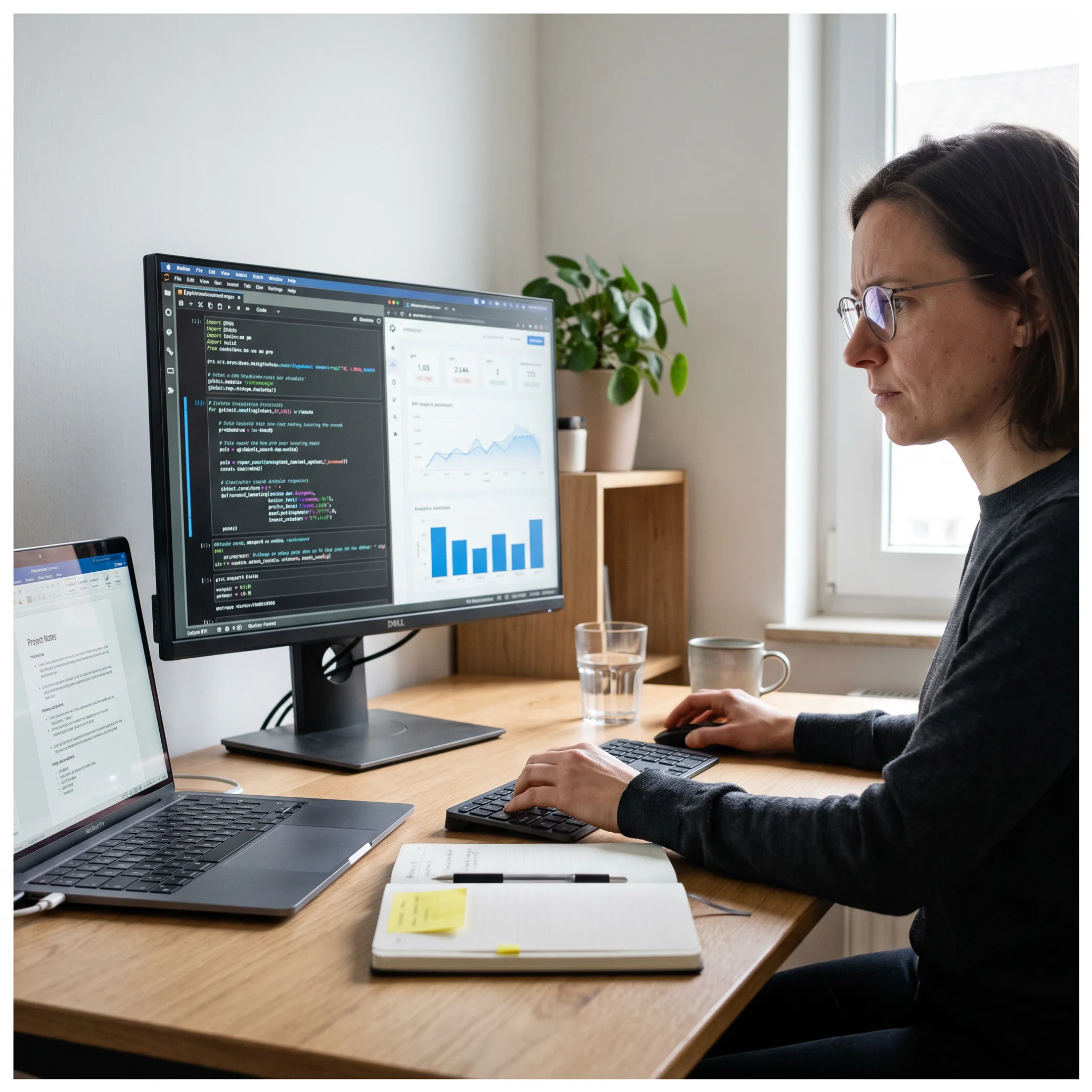 Freelance data scientist analyzing models on a laptop with charts and code visible