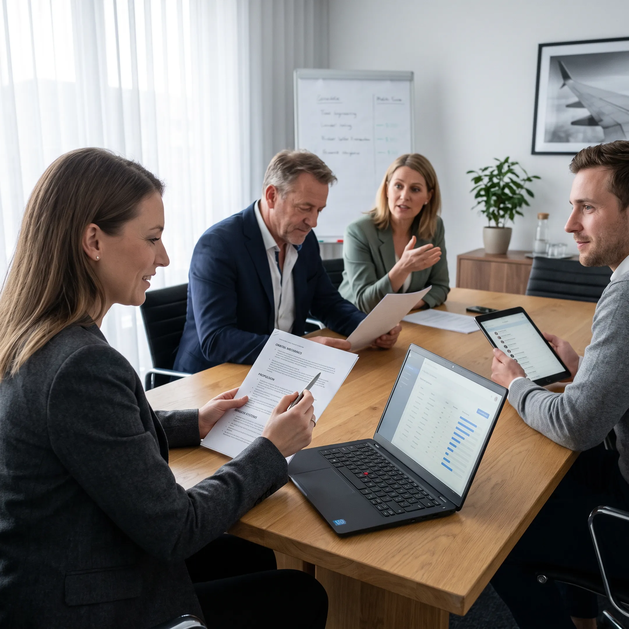 Recruitment specialists discussing aerospace talent profiles with a hiring team