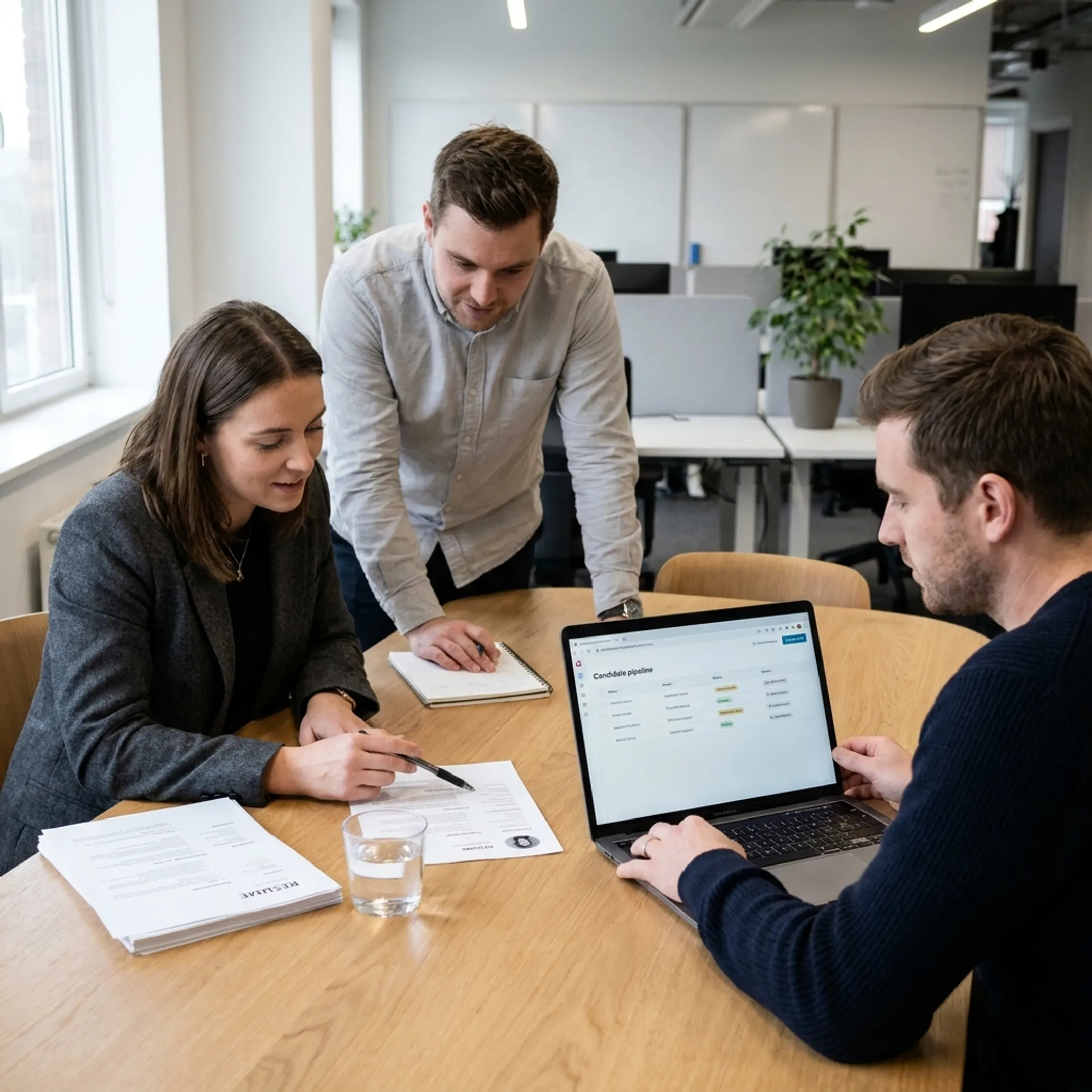 Recruitment team reviewing Salesforce developer candidates with hiring managers in a modern office