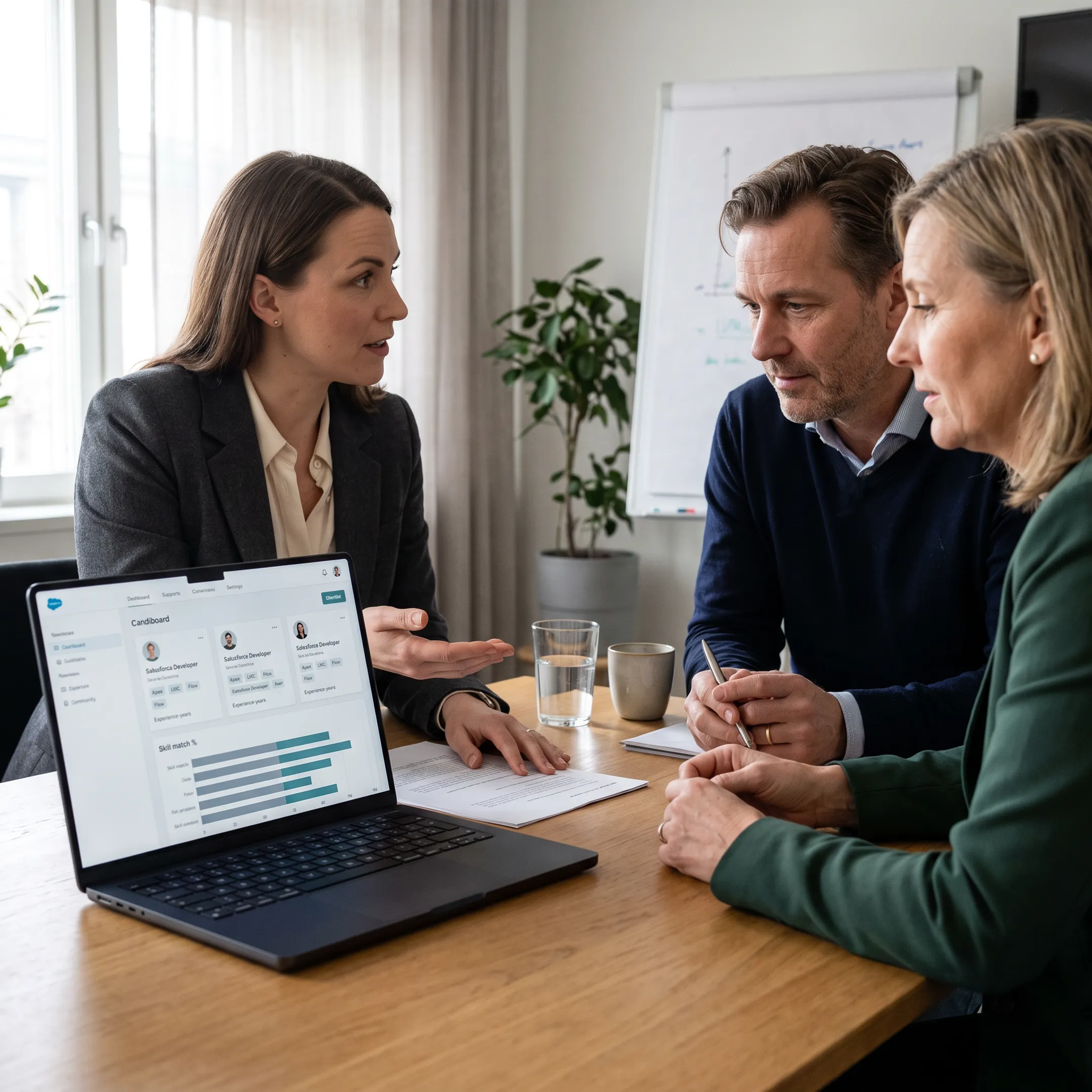 Recruiter presenting Salesforce developer candidates to a business hiring team