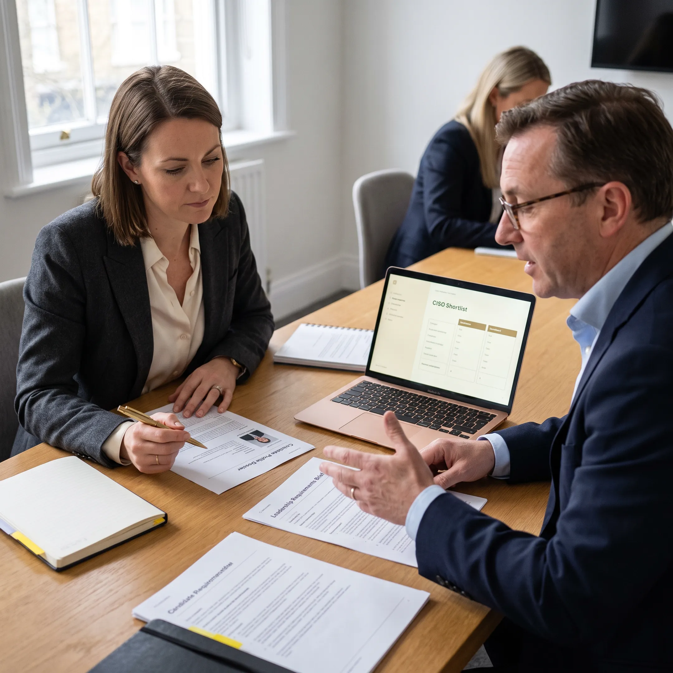 Recruitment consultants discussing a senior information security leadership search