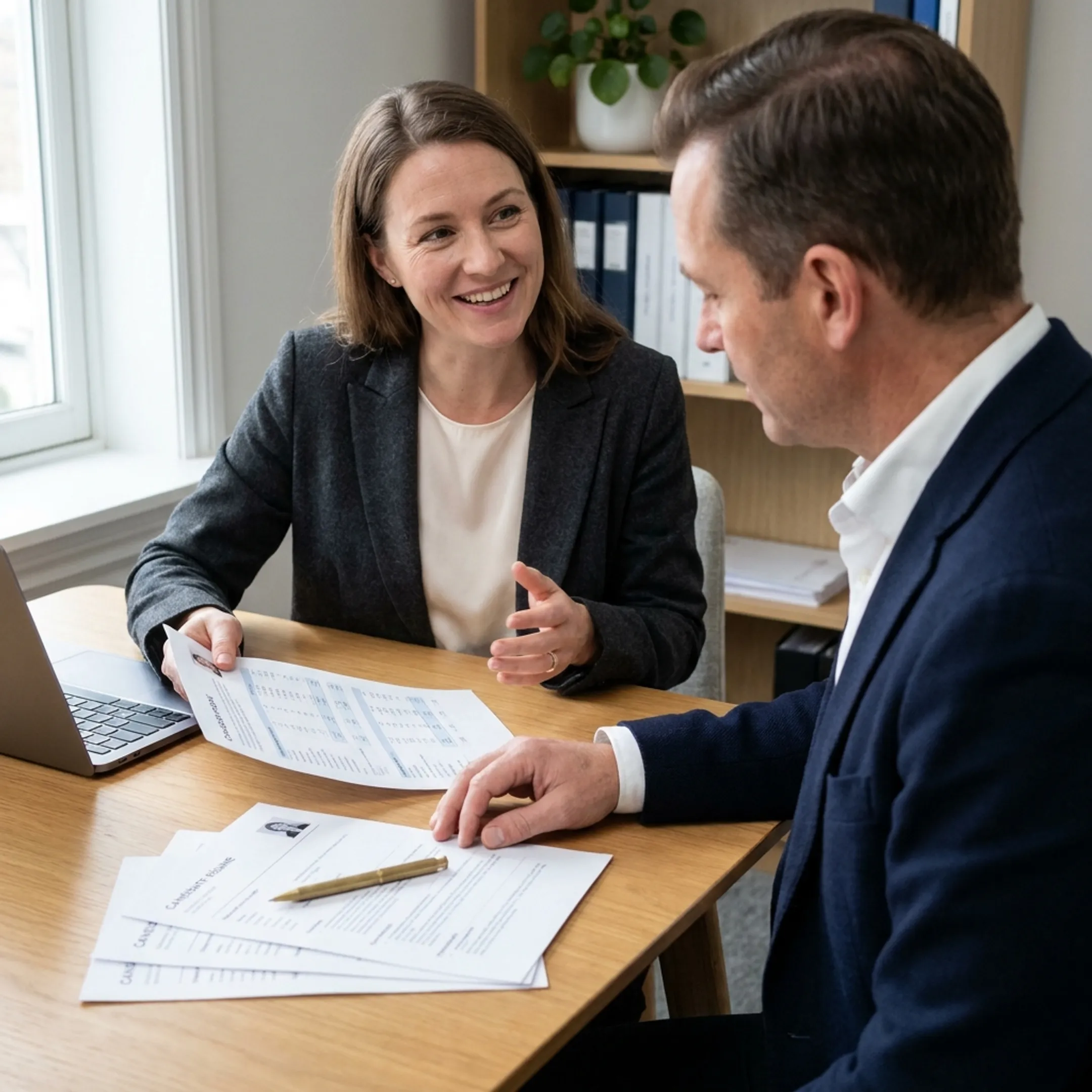 Finance recruitment specialist consulting with an employer about hiring needs
