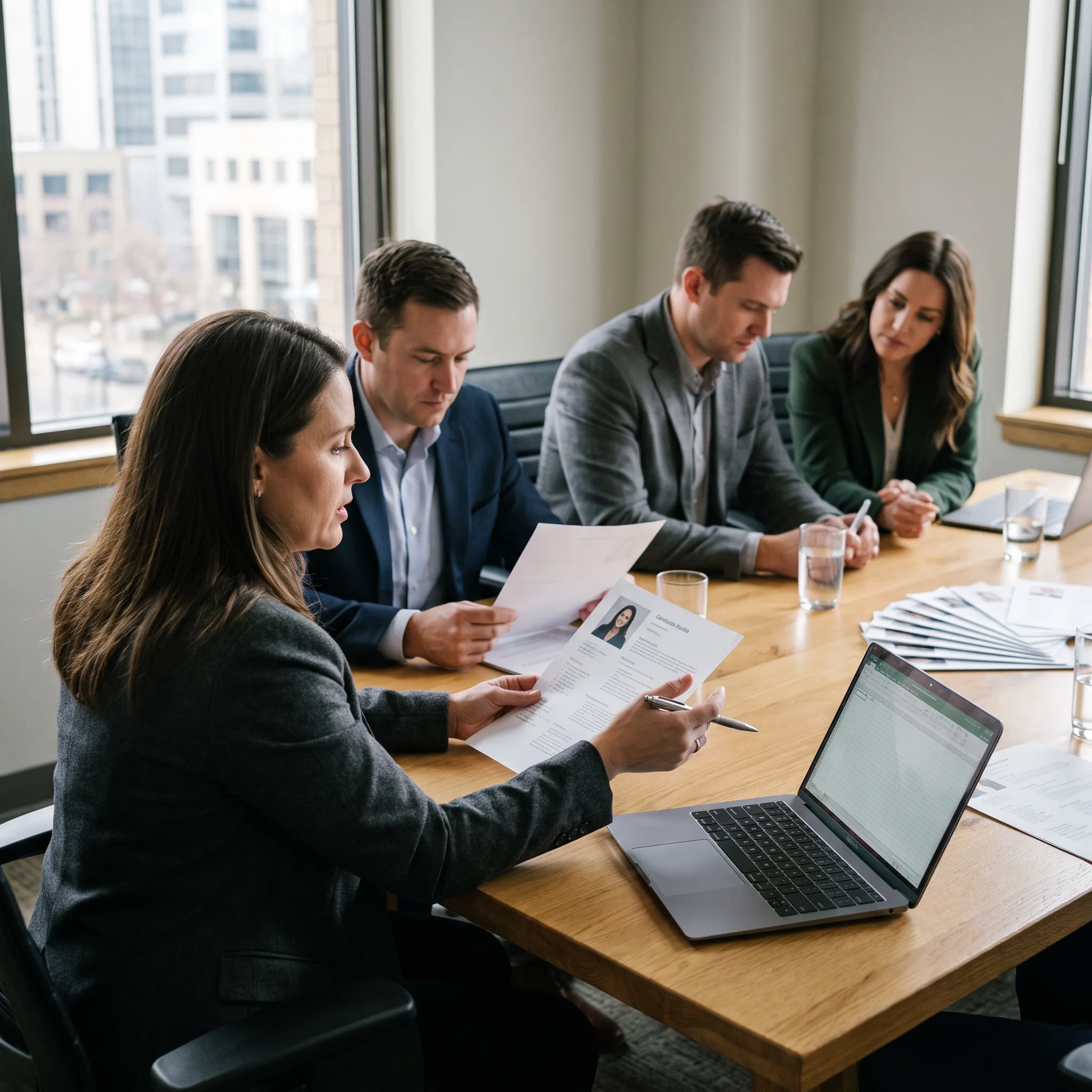 Recruitment consultants discussing accounting and finance candidates with a business client