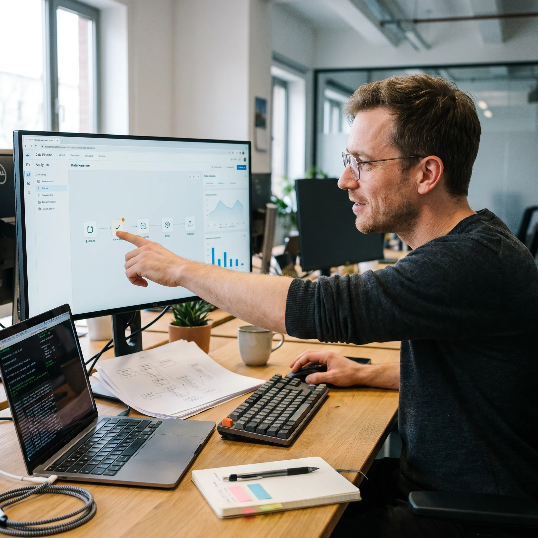 ETL developer reviewing data pipelines on multiple computer monitors