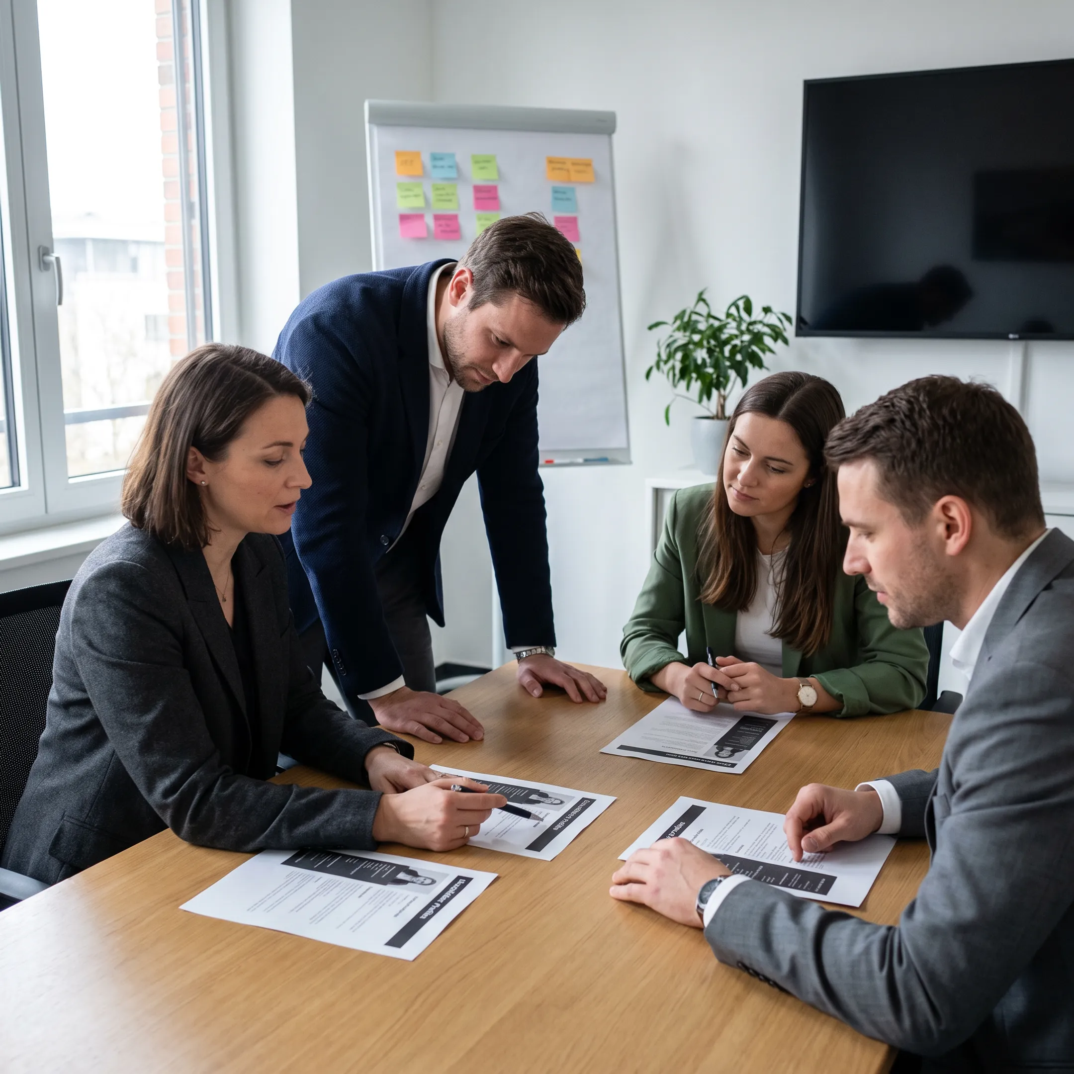 Recruitment team reviewing candidate profiles with business leaders during a staffing consultation