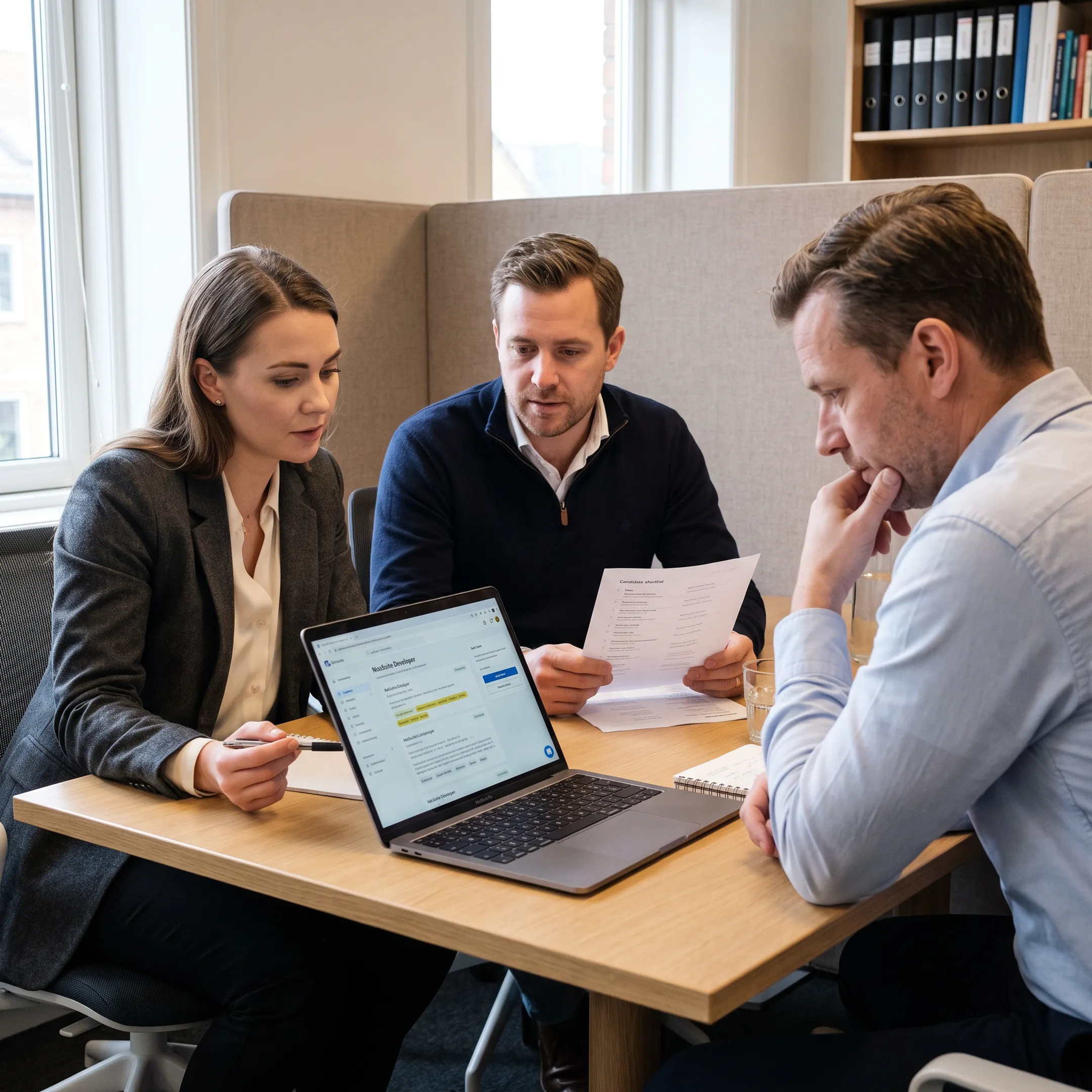 Recruitment team reviewing freelance NetSuite developer profiles with a hiring manager