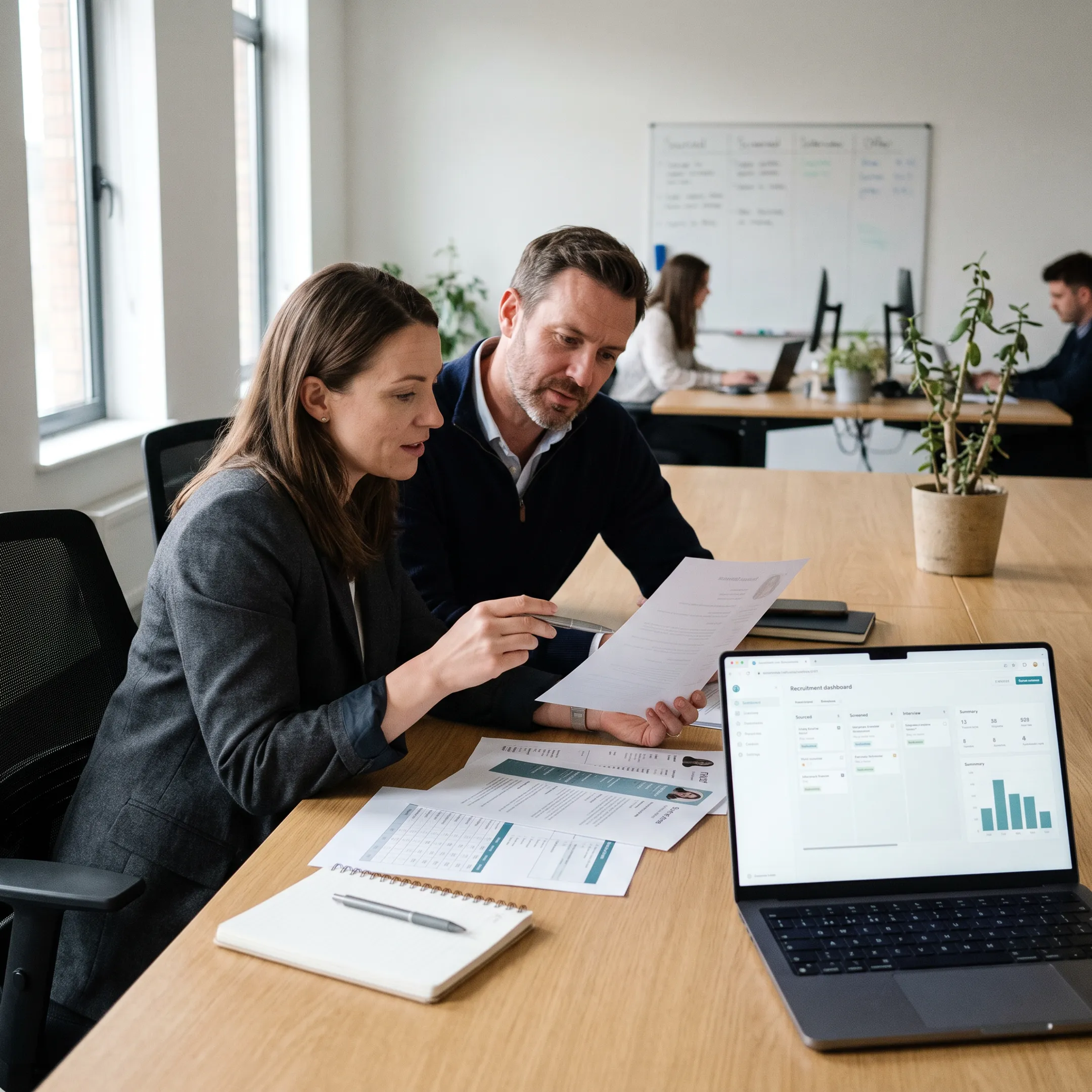 Recruitment team reviewing marketing candidate profiles during a hiring discussion