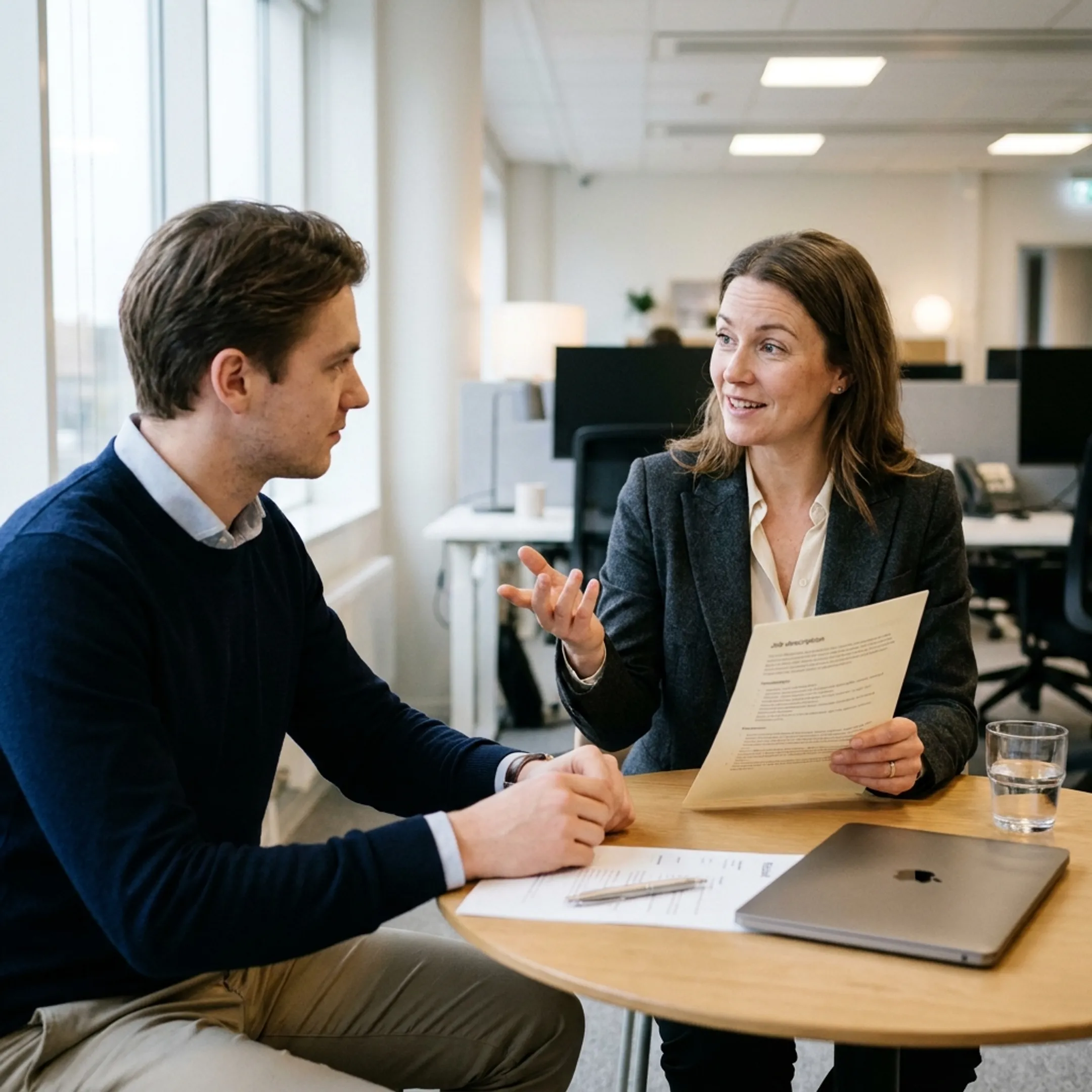 Recruiter and cybersecurity candidate discussing a technology role