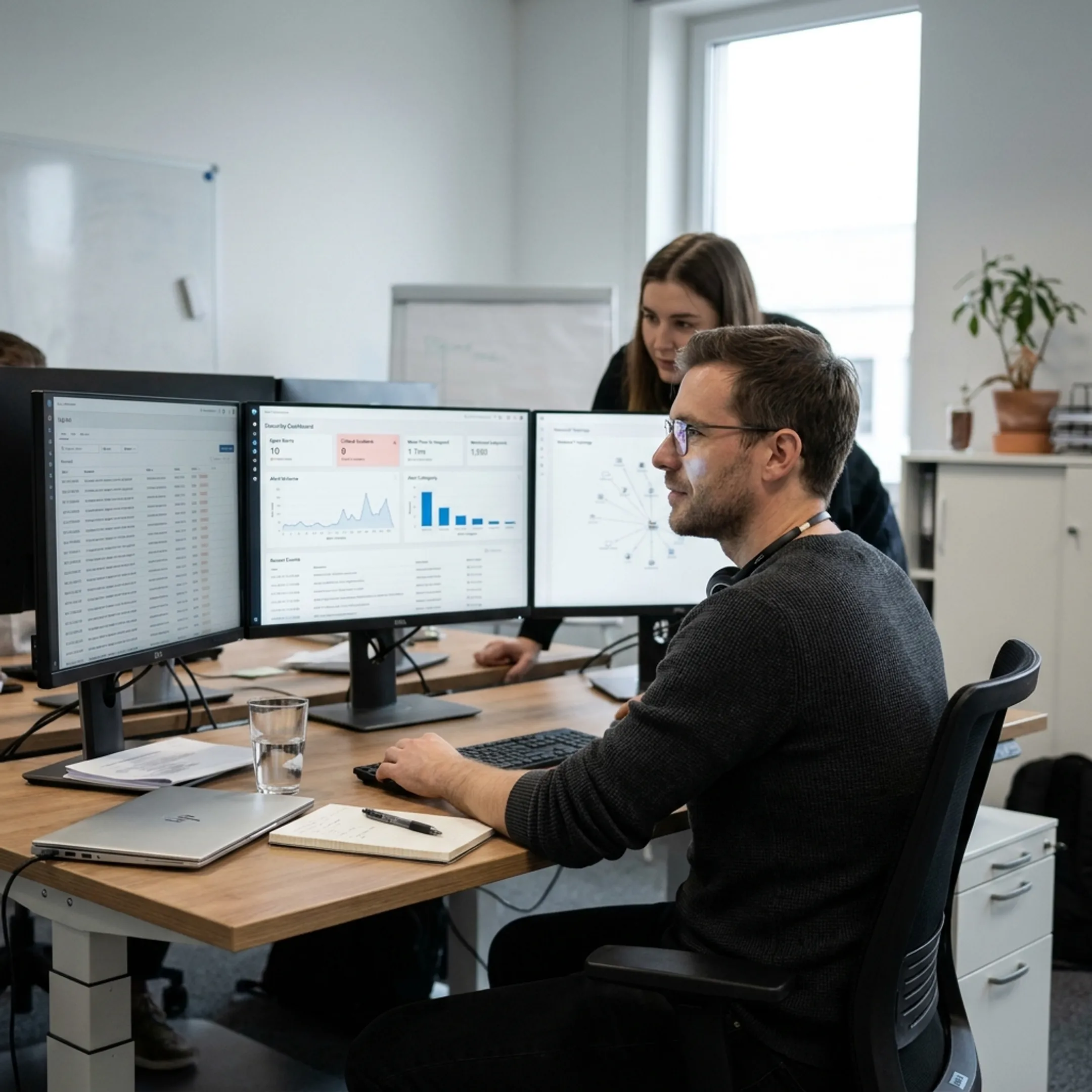 Cybersecurity professional reviewing digital security dashboards in a modern office
