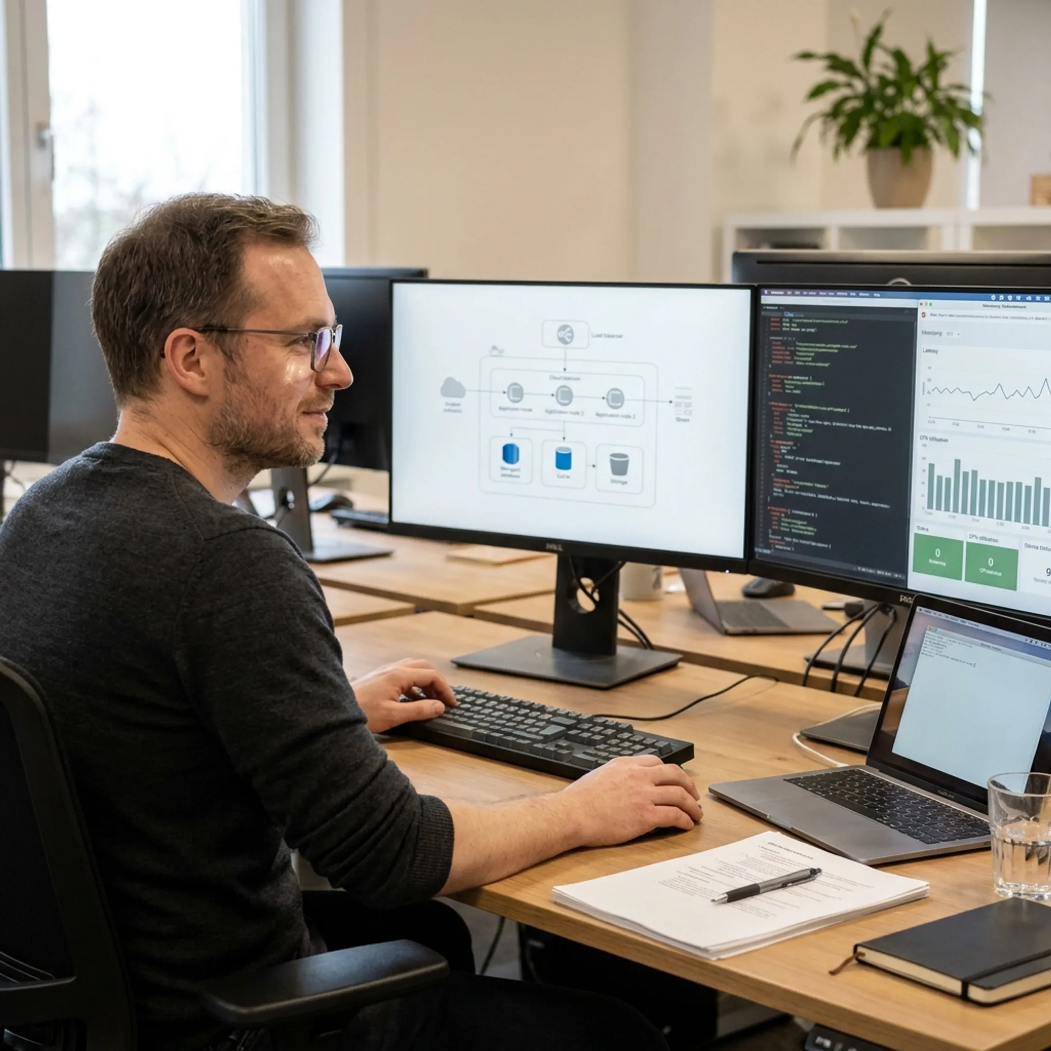 Cloud developer reviewing infrastructure architecture on multiple monitors