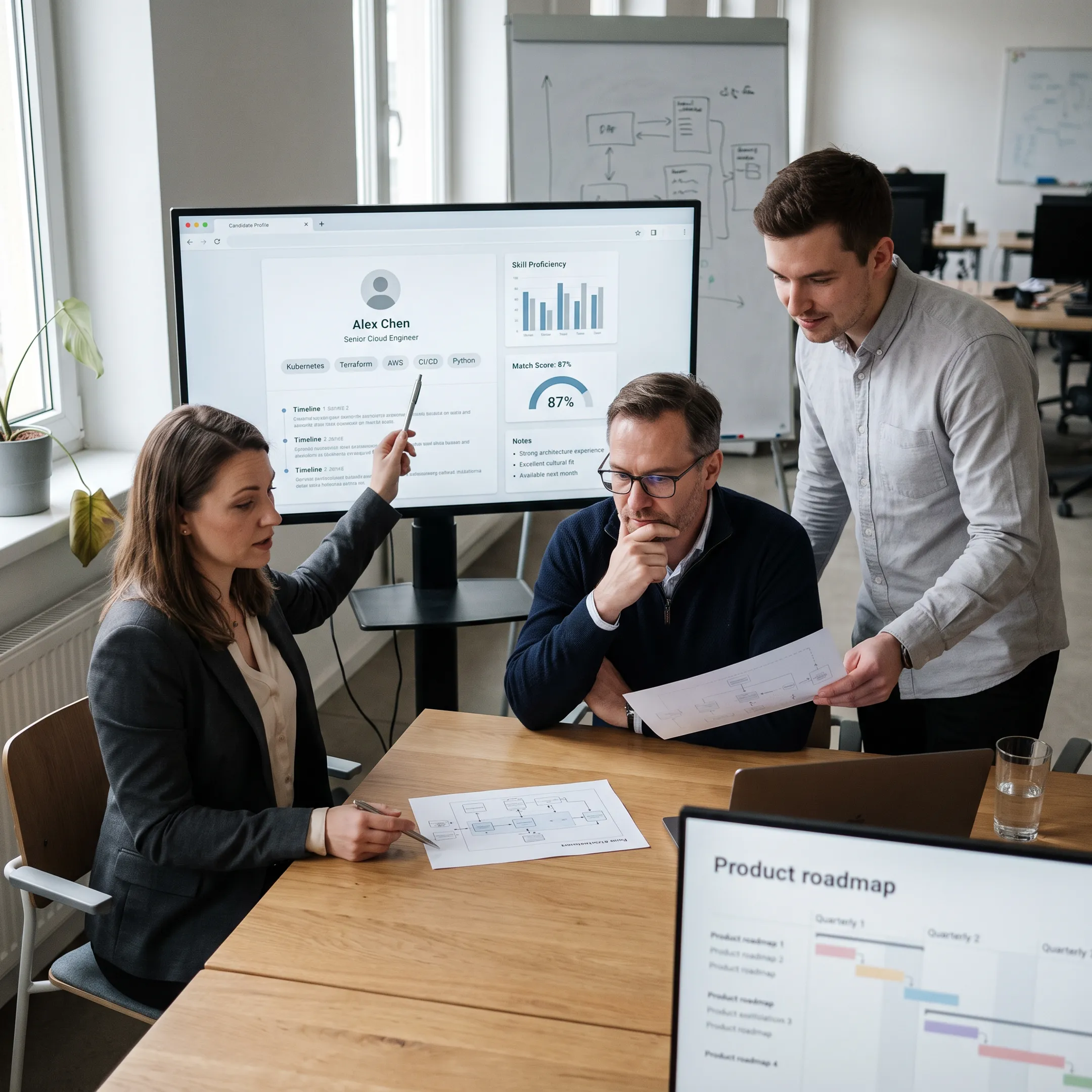Recruiter and technology leader discussing cloud engineering candidates