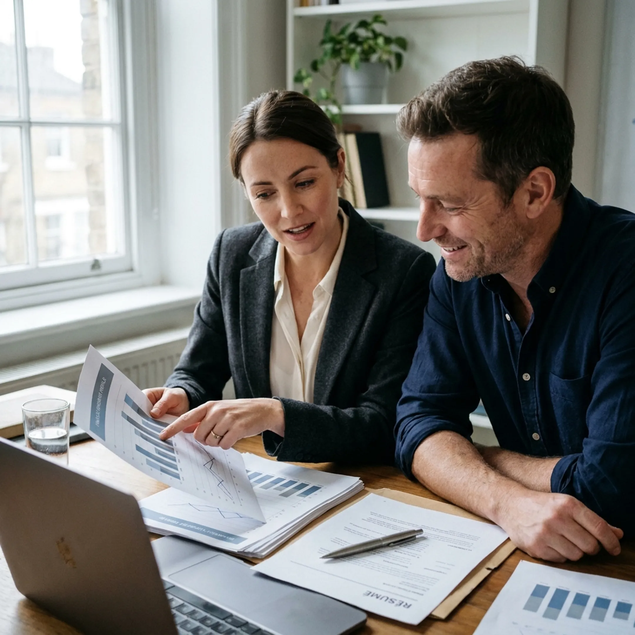 Recruitment professionals reviewing finance candidate profiles in a modern office