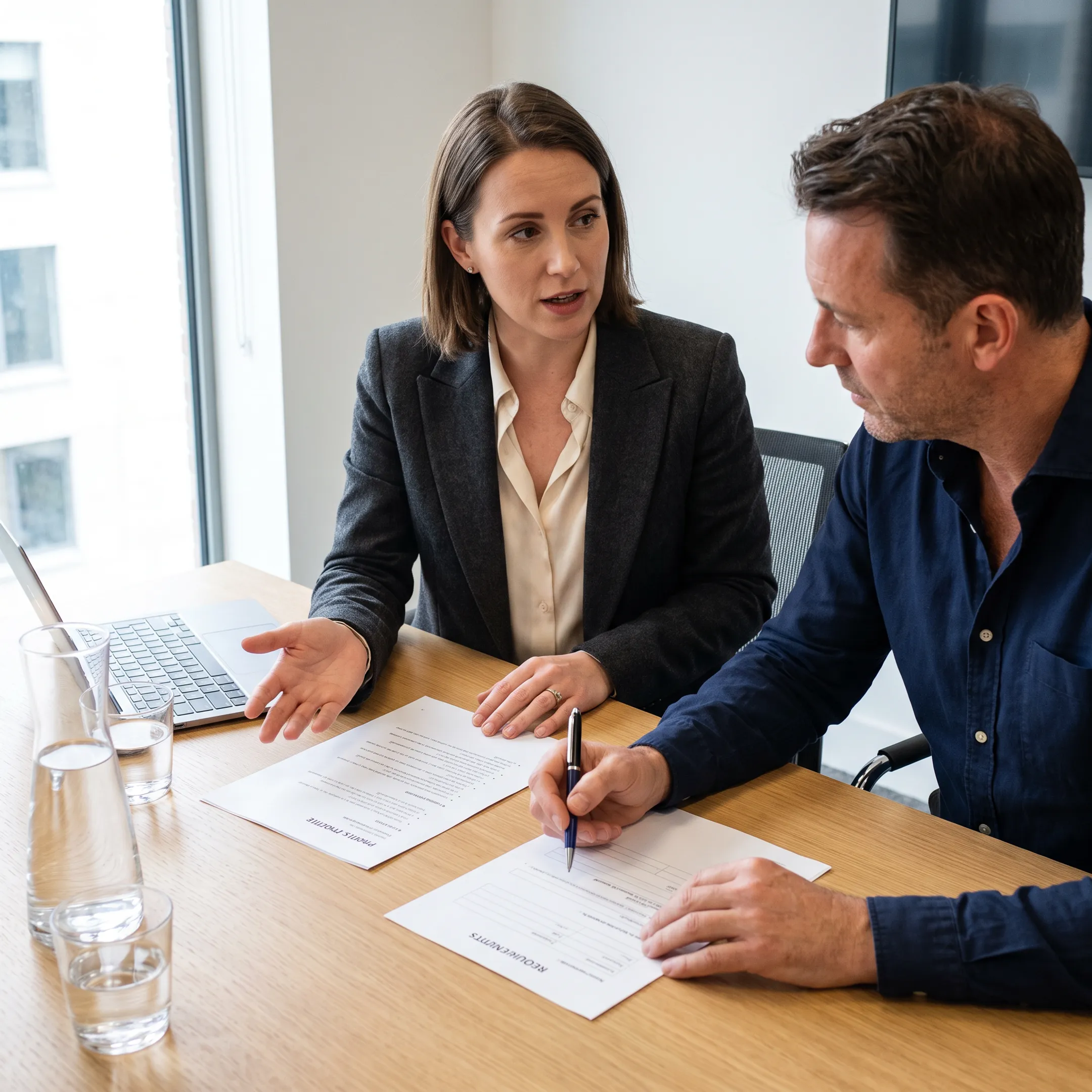 Finance recruitment consultant discussing candidate qualifications with hiring manager