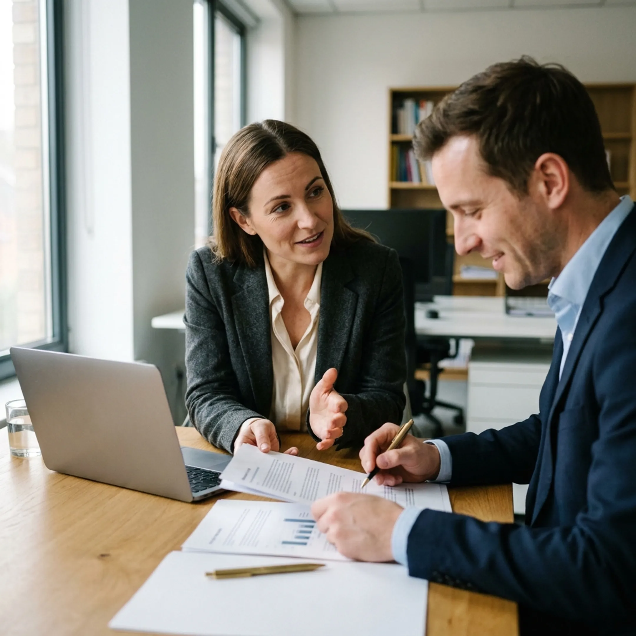 Recruitment consultant discussing internal audit careers with a professional candidate