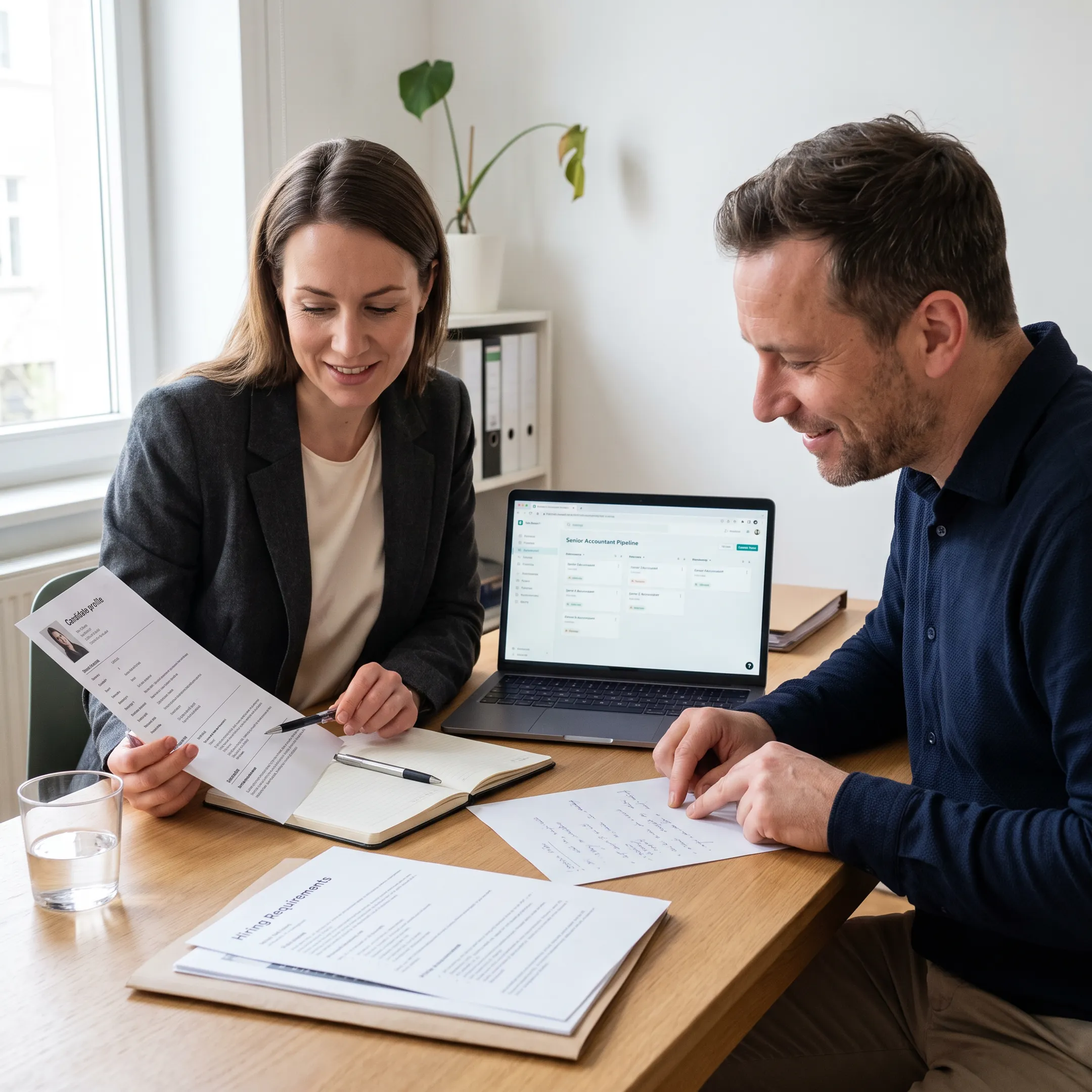 Finance recruitment professionals reviewing candidate profiles in a modern office