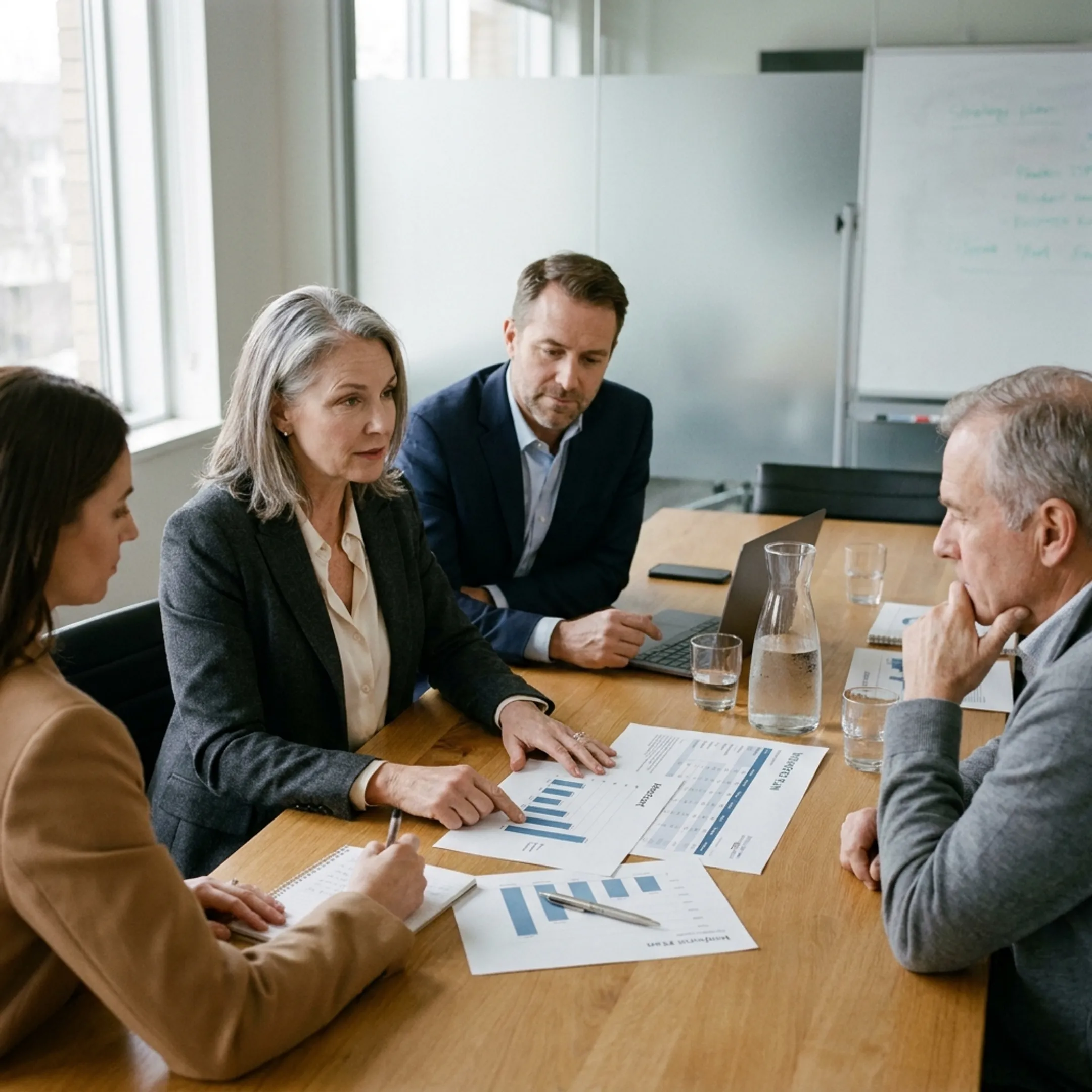 Interim human resources director meeting with business leaders in a modern office