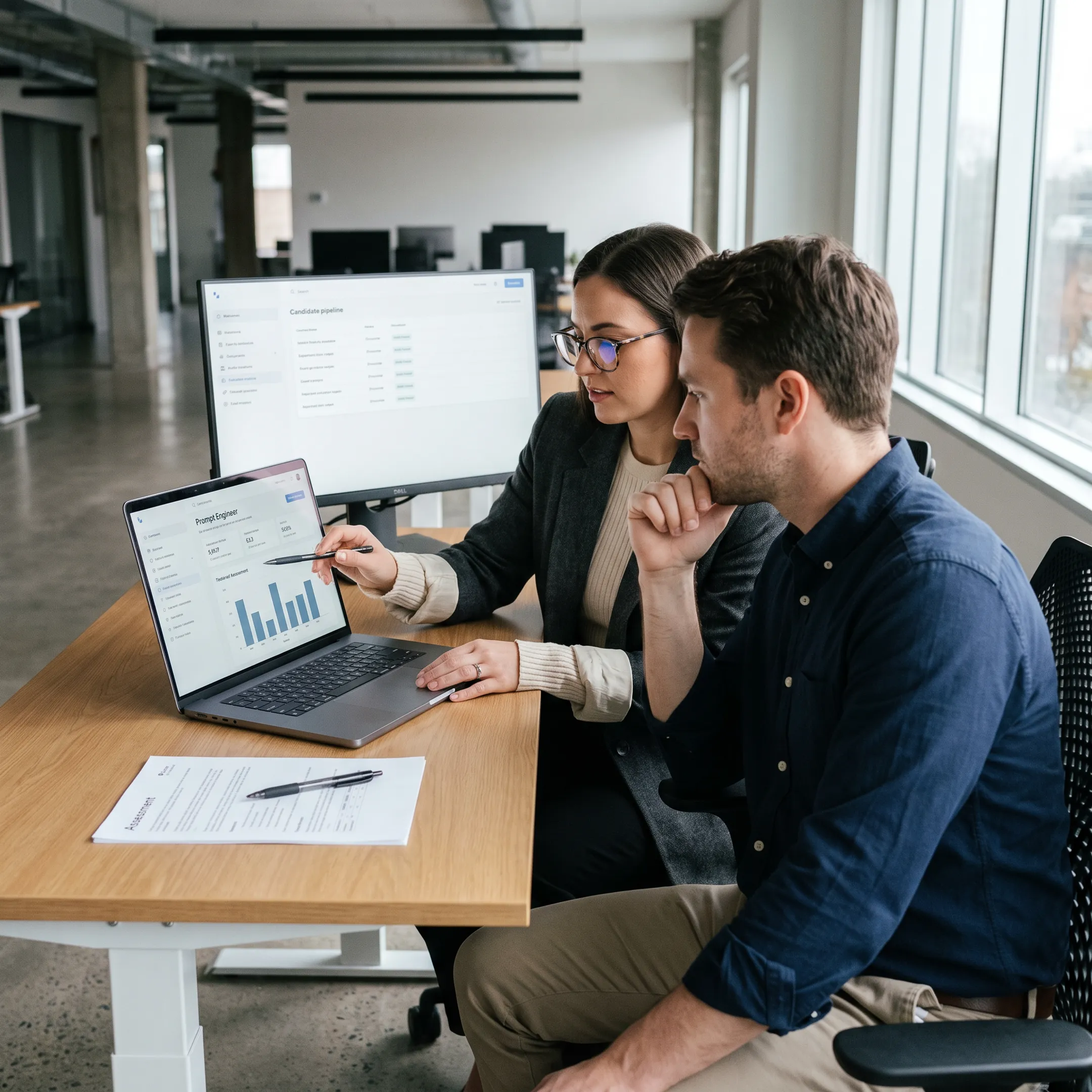 Recruitment team reviewing prompt engineering candidates for an AI technology role