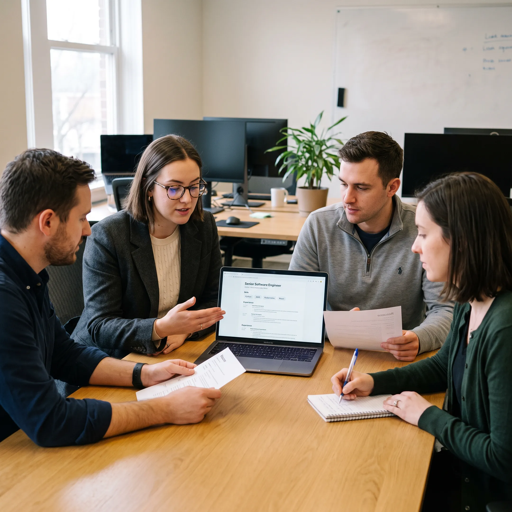 Recruitment specialists reviewing technology candidates with a hiring team