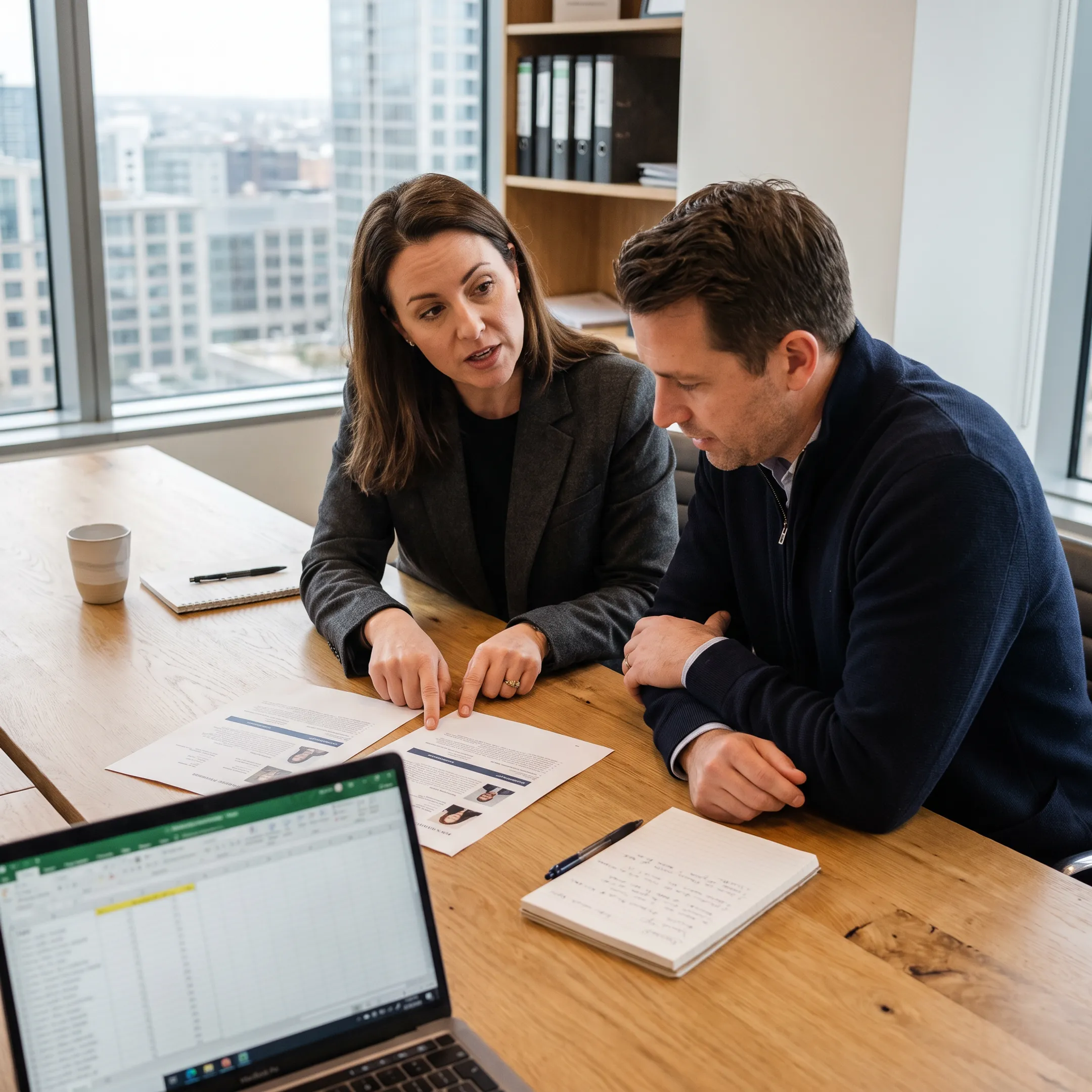 Executive recruitment consultants reviewing leadership candidate profiles in a modern office