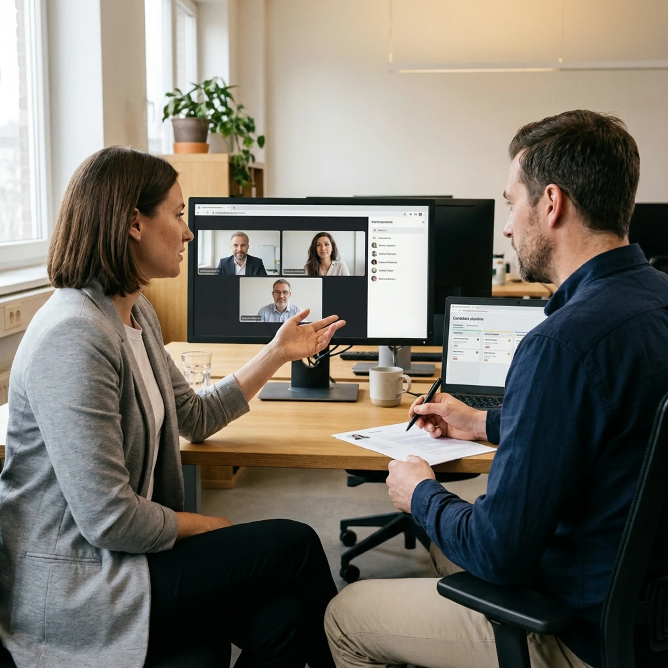 Recruitment professionals collaborating remotely with business leaders during a virtual hiring meeting