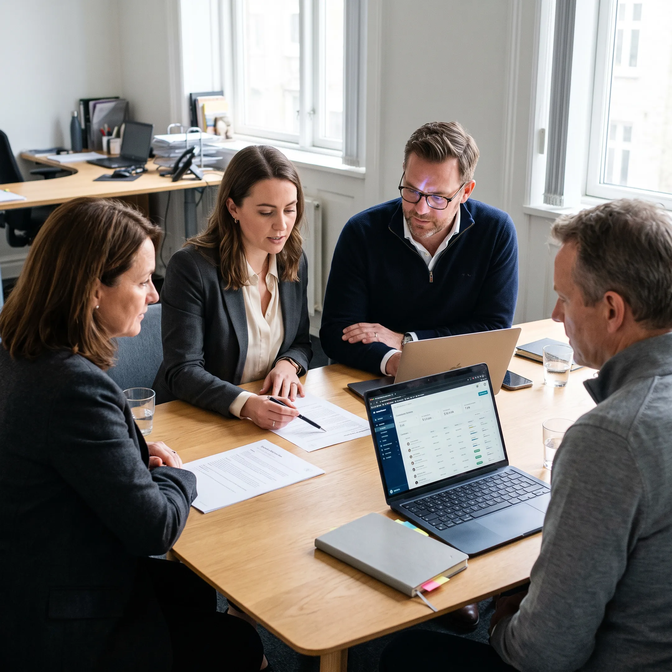 Recruiting team reviewing technology candidate profiles with hiring managers in a modern office