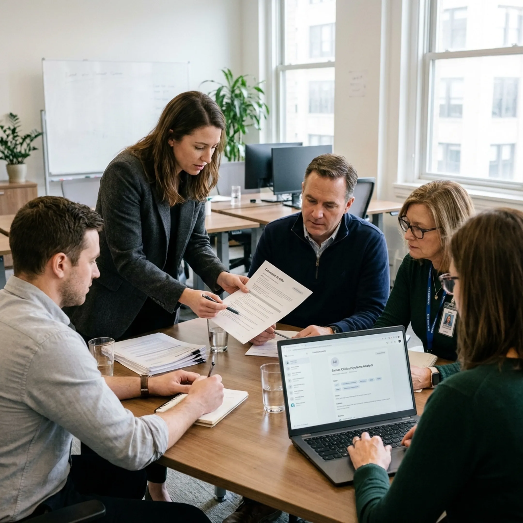Healthcare IT recruiter reviewing candidate profiles with a technology hiring team