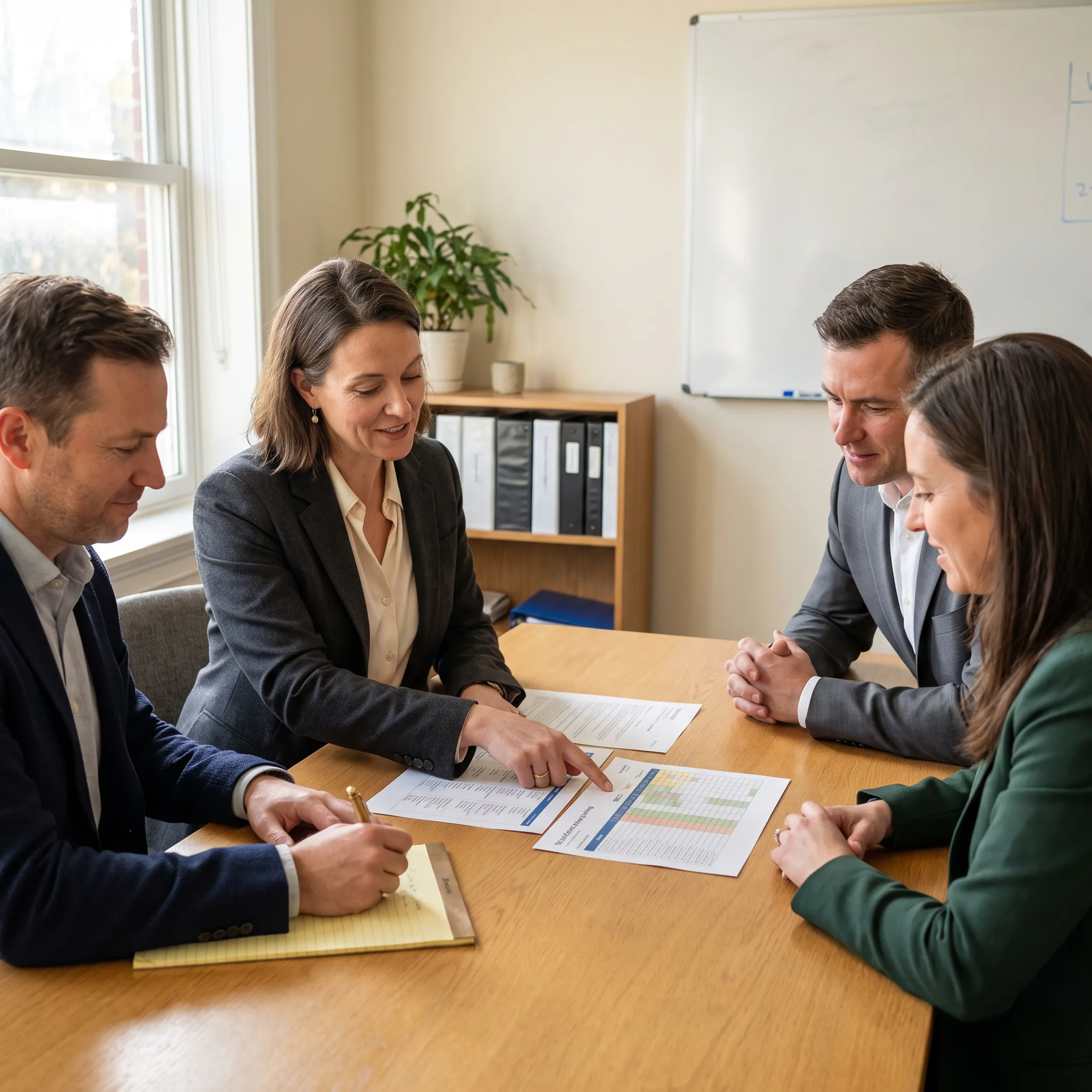 Staffing consultants discussing recruitment strategy with business leaders