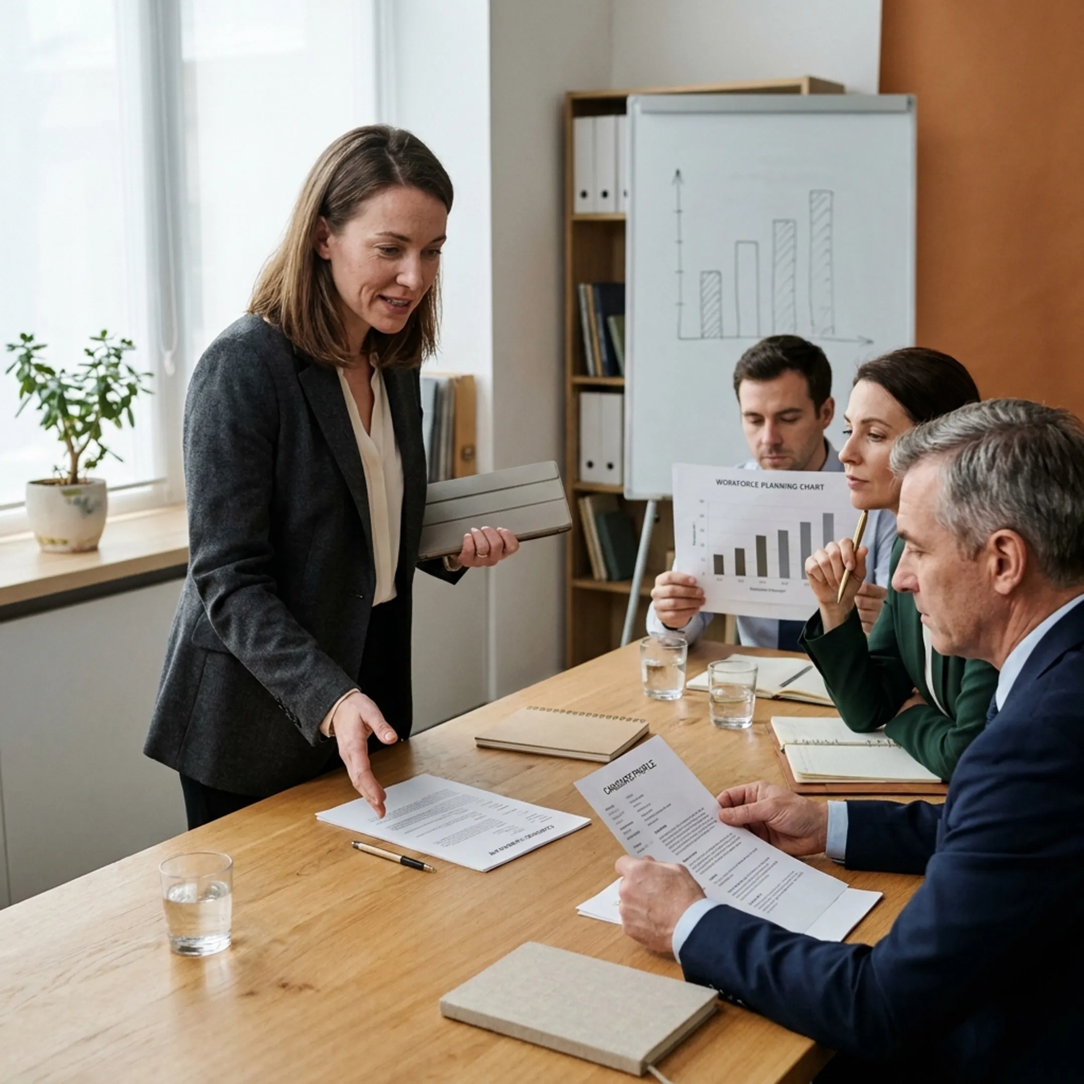 Staffing consultant presenting qualified temporary candidates to a business team