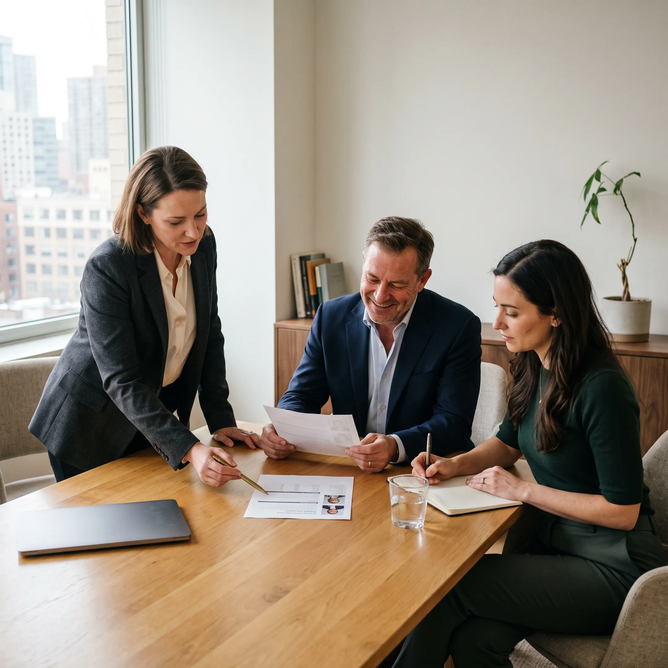 Recruitment professionals discussing executive candidates in a modern office