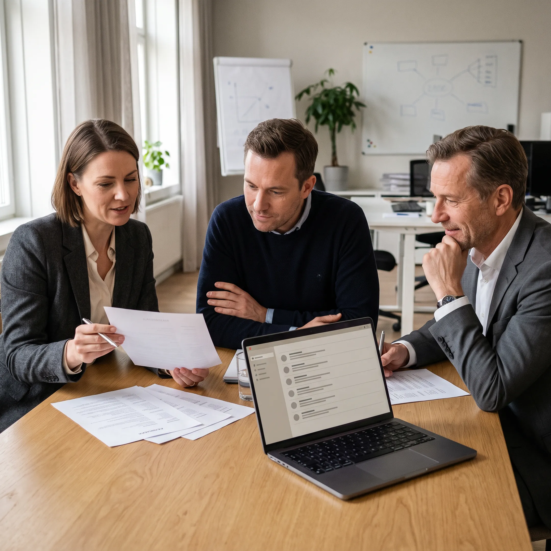Recruitment professionals reviewing temporary staffing candidates with a business client