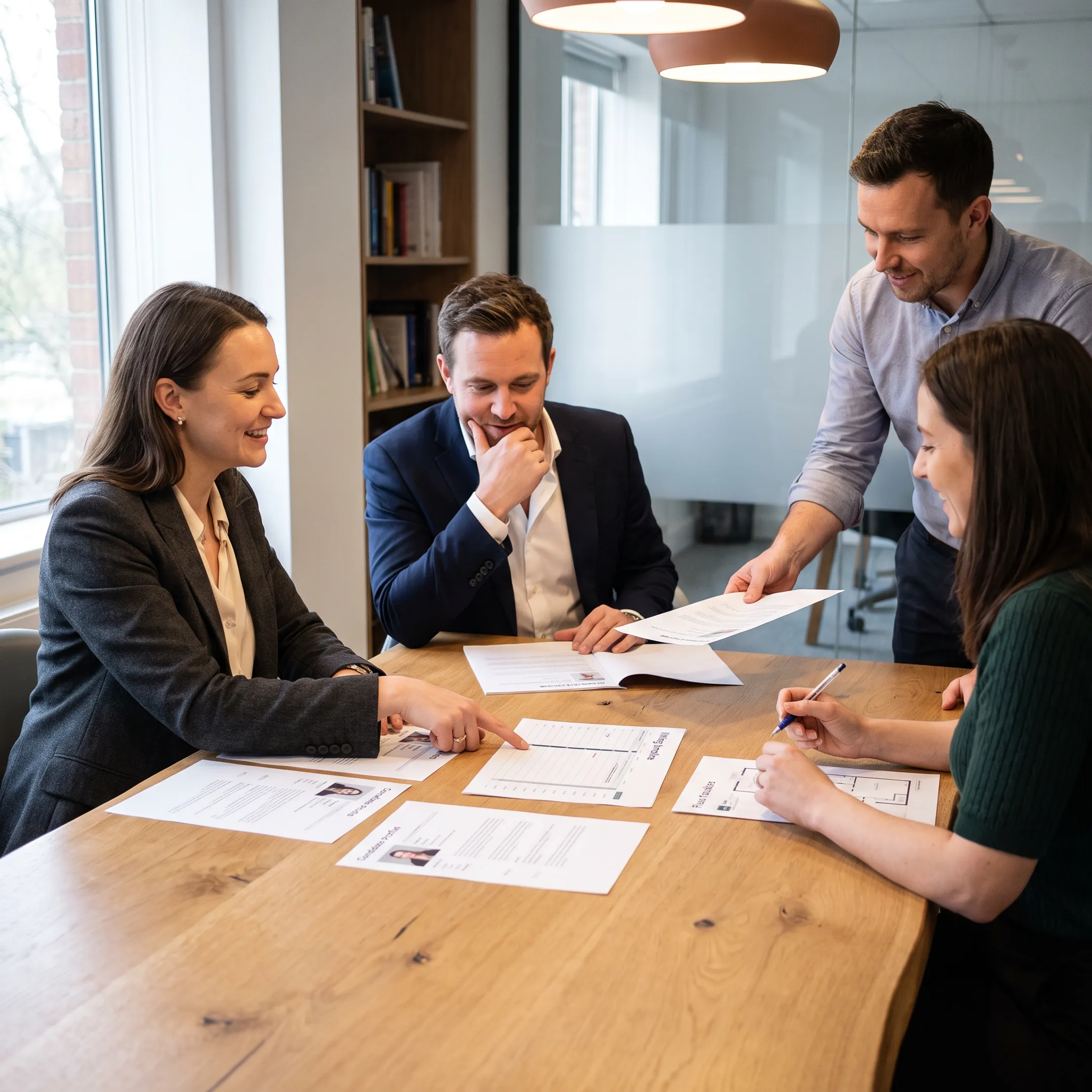 Staffing consultants reviewing qualified candidate profiles with a hiring team