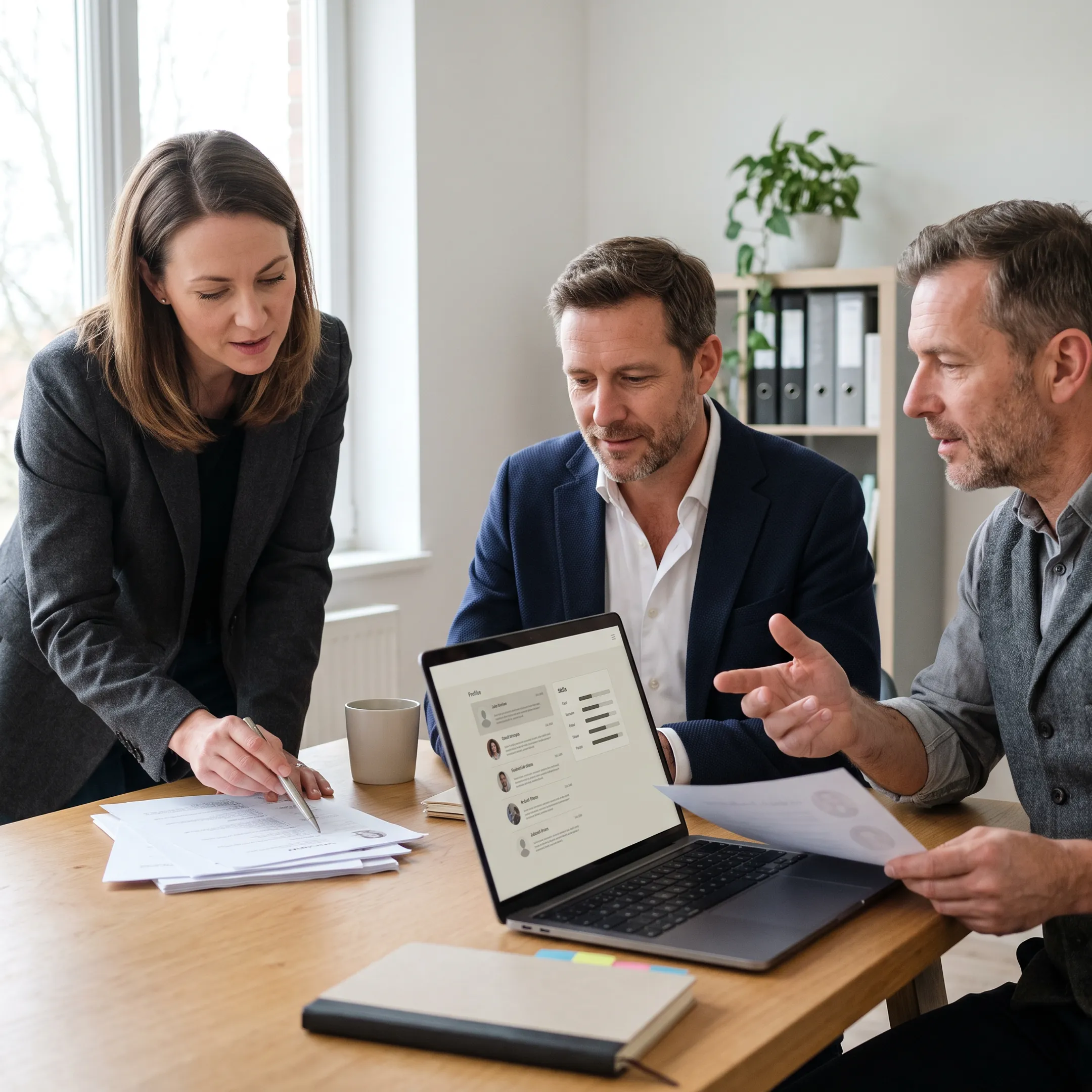 Recruitment professionals discussing executive candidates in a modern office