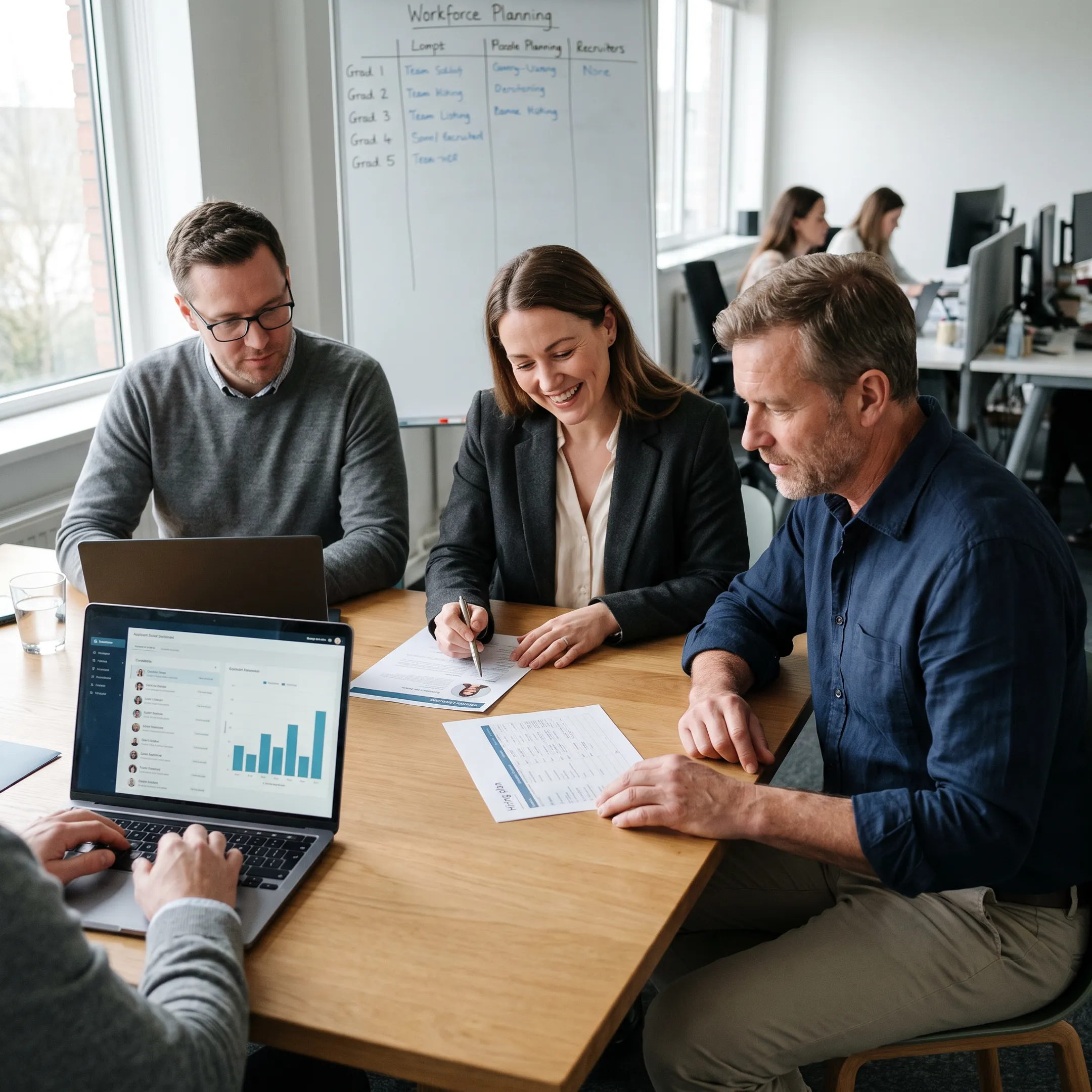 Recruitment consultants reviewing candidate profiles with business leaders in a staffing office