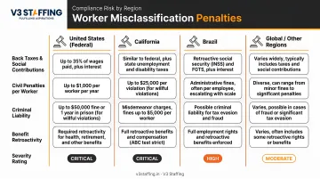 Worker misclassification penalty comparison across United States California Brazil and global regions