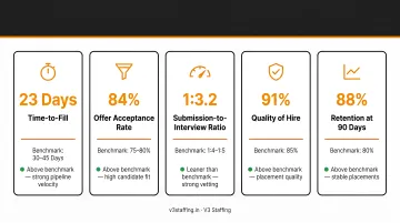 High-volume hiring KPI dashboard showing five core metrics with benchmarks and diagnostic signals