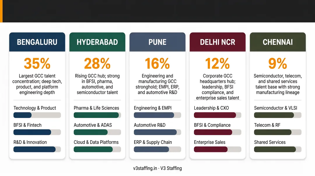 India GCC talent distribution across five major cities comparison infographic