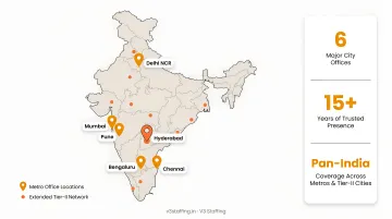 India map showing major metro and tier-two city staffing office locations and coverage