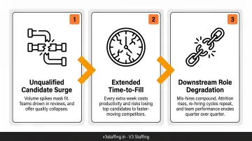 Three high-volume hiring failure modes cascade effect infographic
